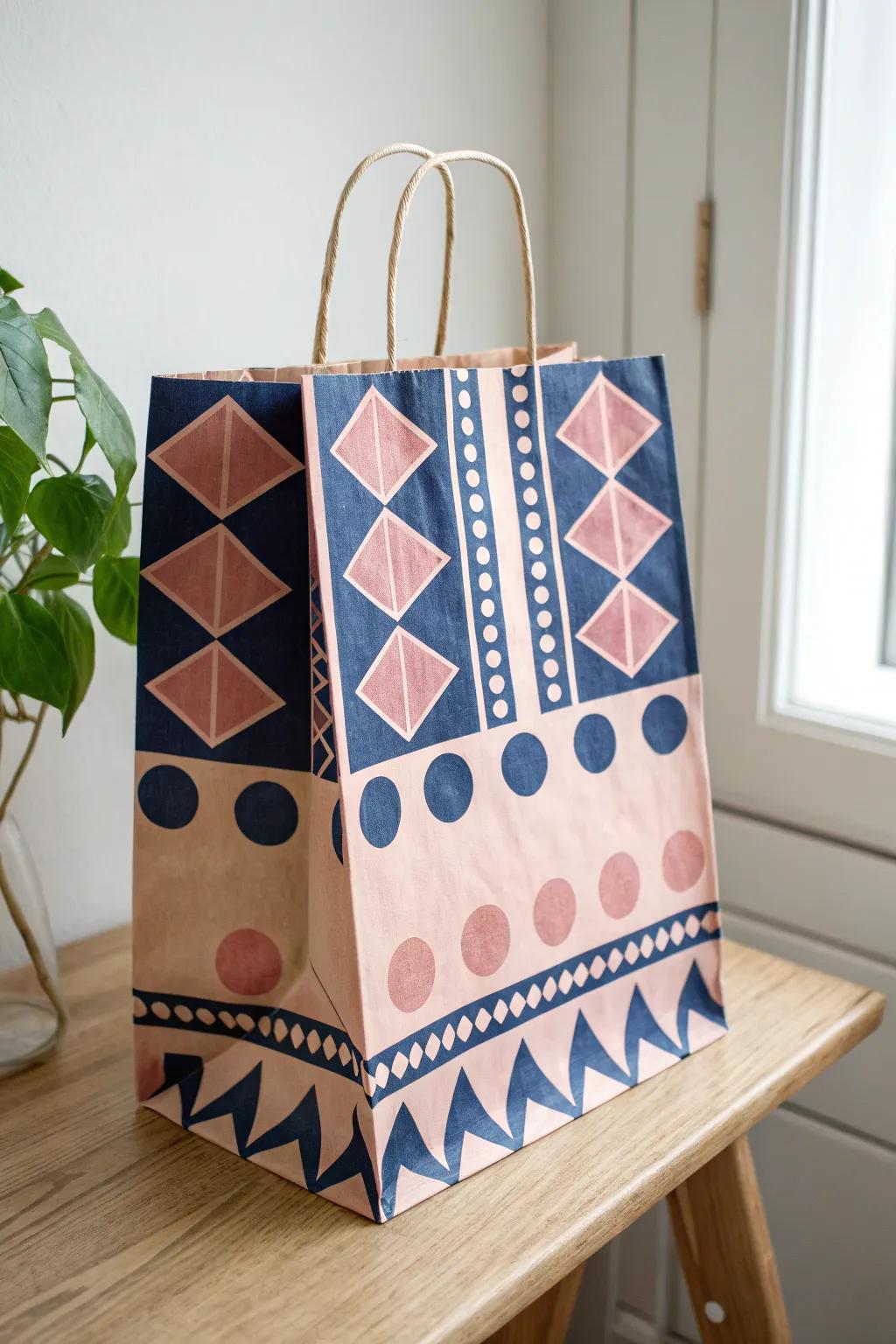 Transform your paper bags into modern art with bold geometric patterns.