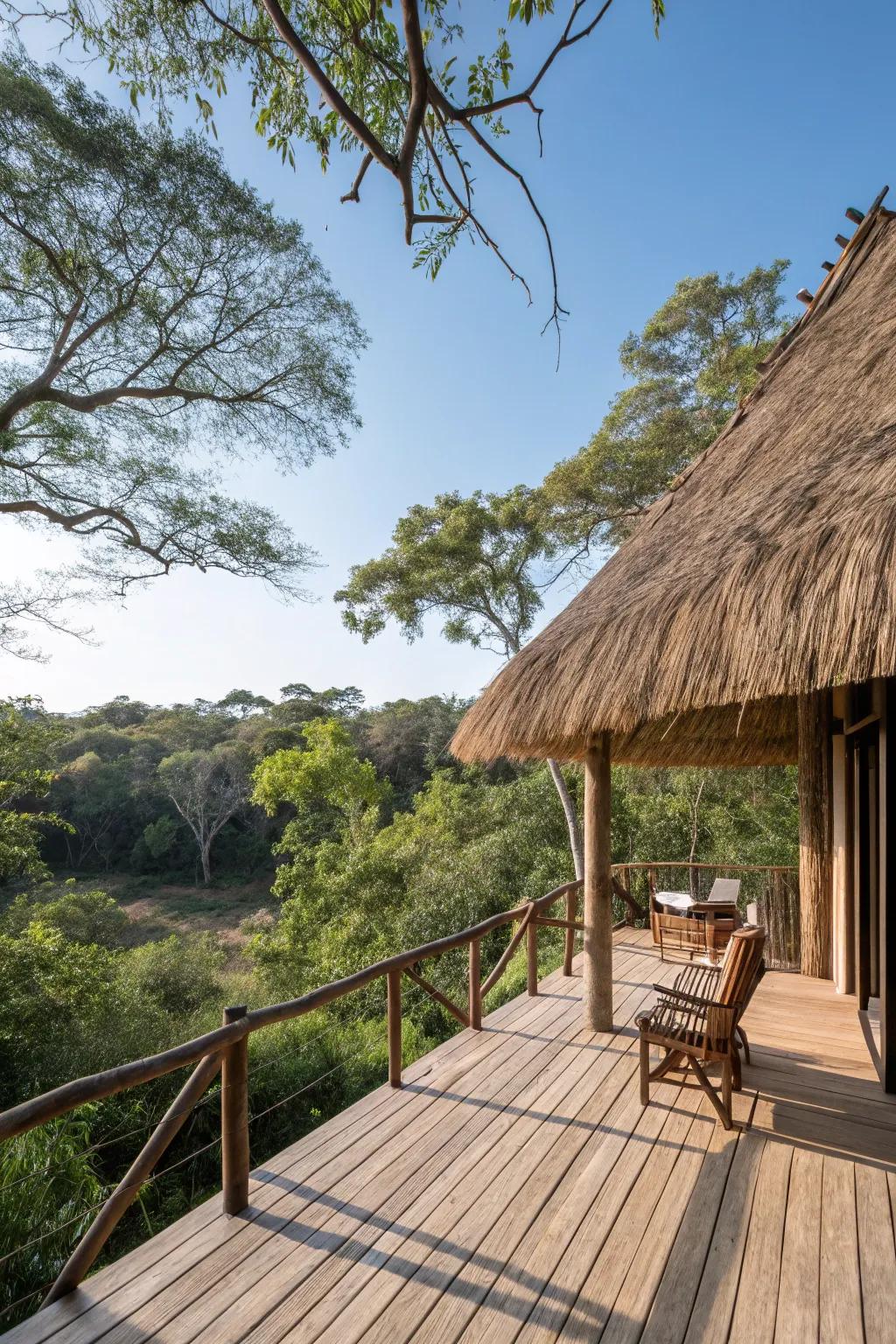 A charming deck with a natural reed roof, blending seamlessly with its surroundings.