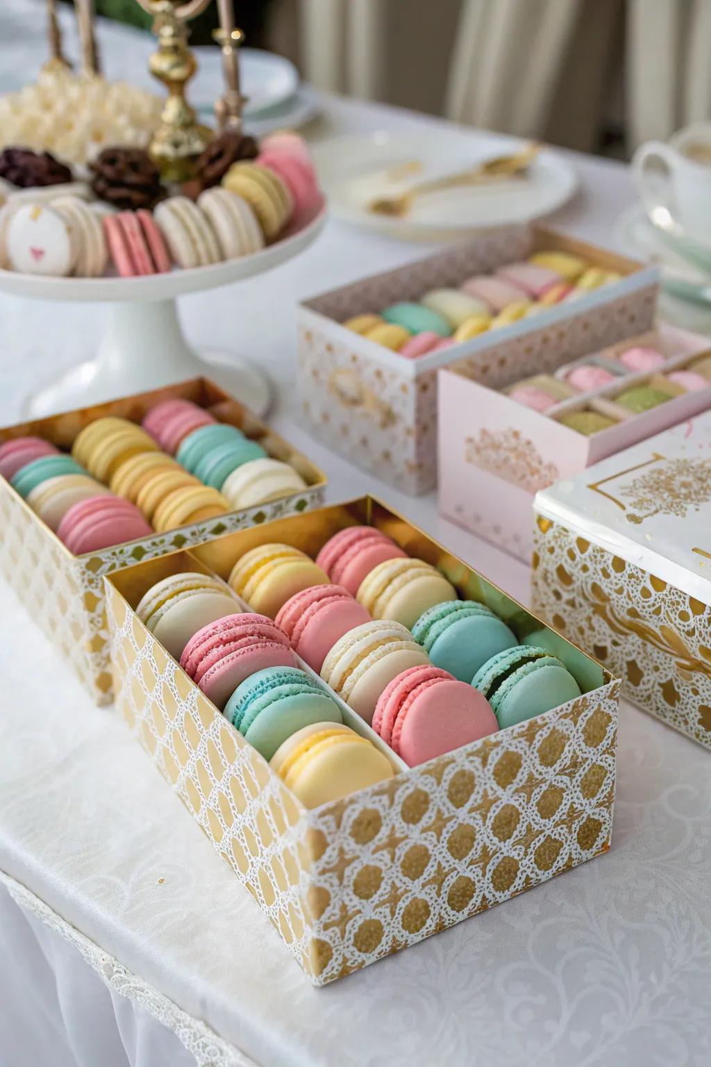 Macarons in elegant boxes make a delightful and classy party favor.