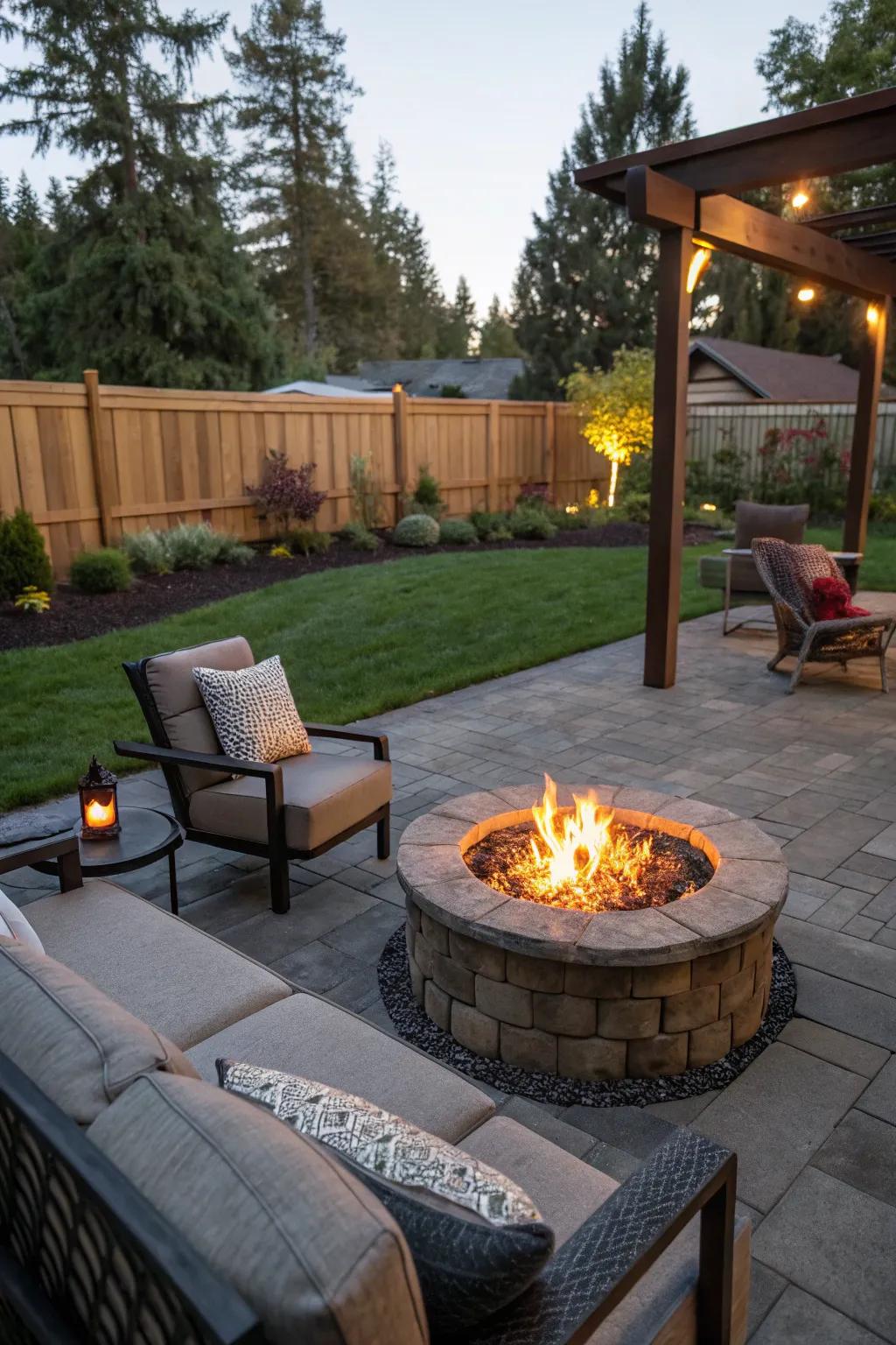 A fire pit adds warmth and becomes a natural gathering point.