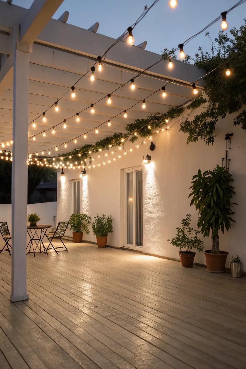 String lights hung from the roof for minimalist elegance.