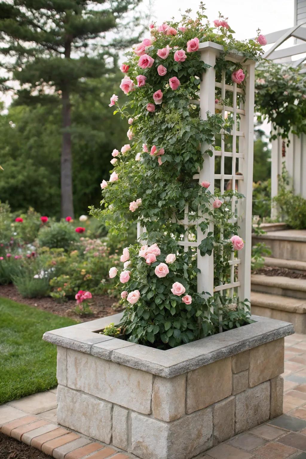 Trellises with paver planters support climbing plants beautifully.