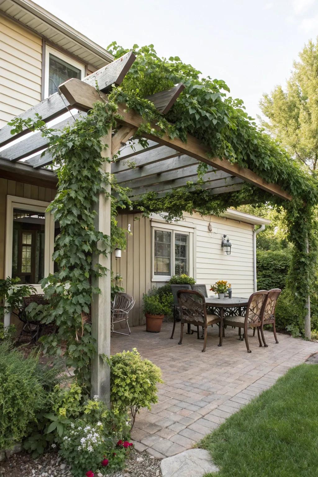 A pergola with a roof offering extended usability and protection.