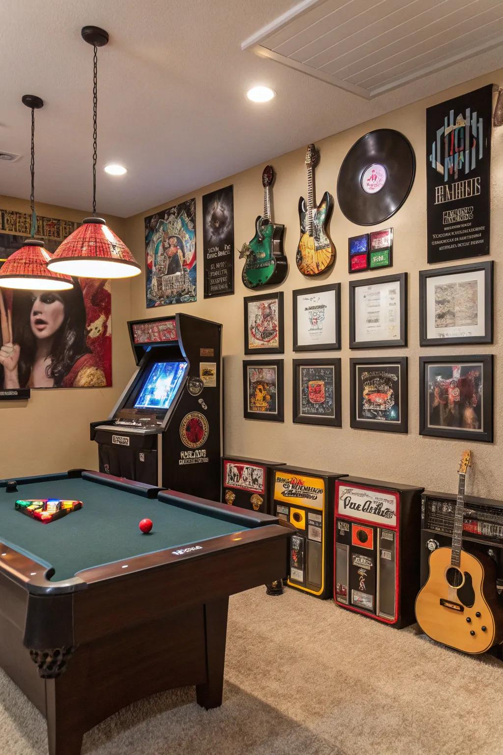 A game room adorned with framed concert tickets and music memorabilia.