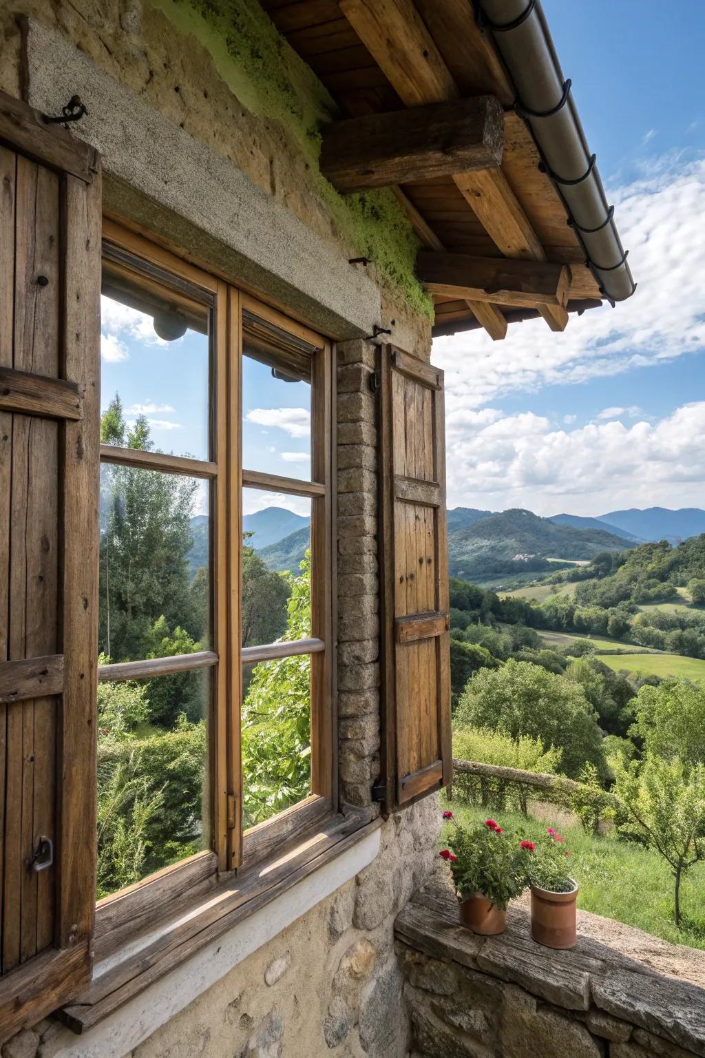 Rustic wooden framed picture windows blending with natural surroundings.