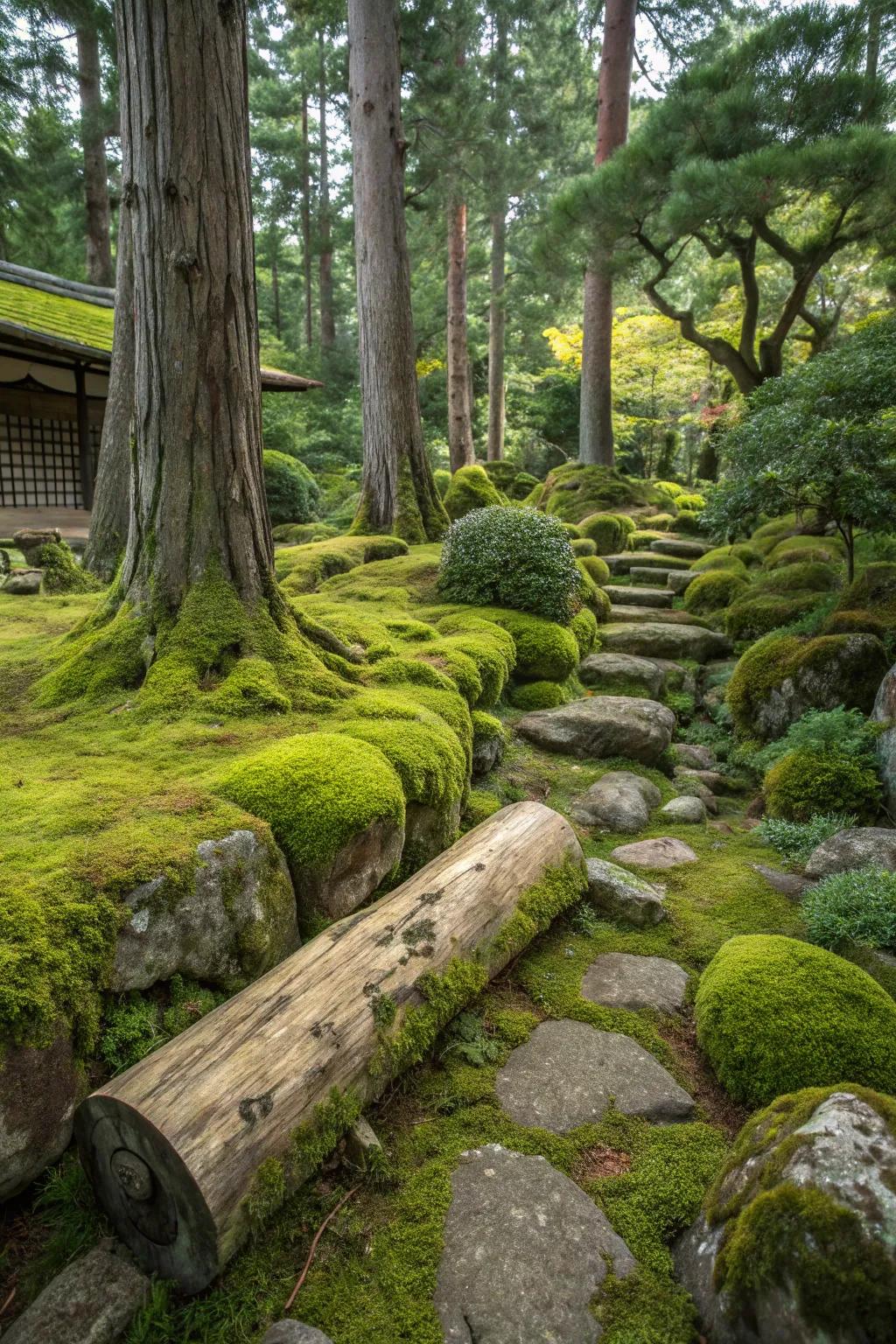 Mossy accents add woodland charm to the garden.