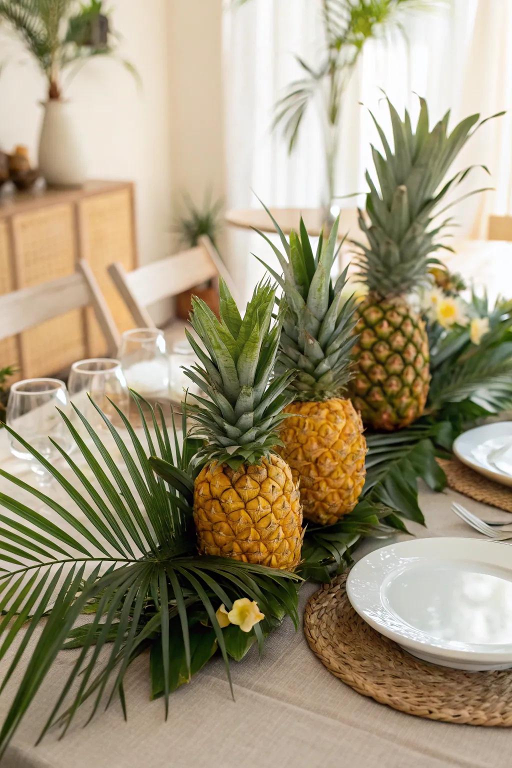 A pineapple and palm leaf arrangement creates a lush tropical oasis.