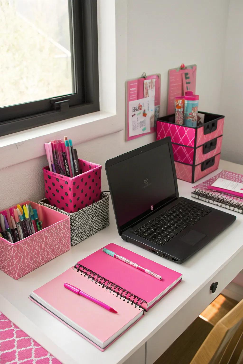 Inspiring desk setup with pink and black elements.