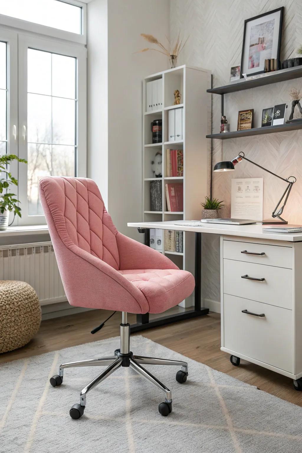 A pink desk chair adds a pop of color and comfort to this office.