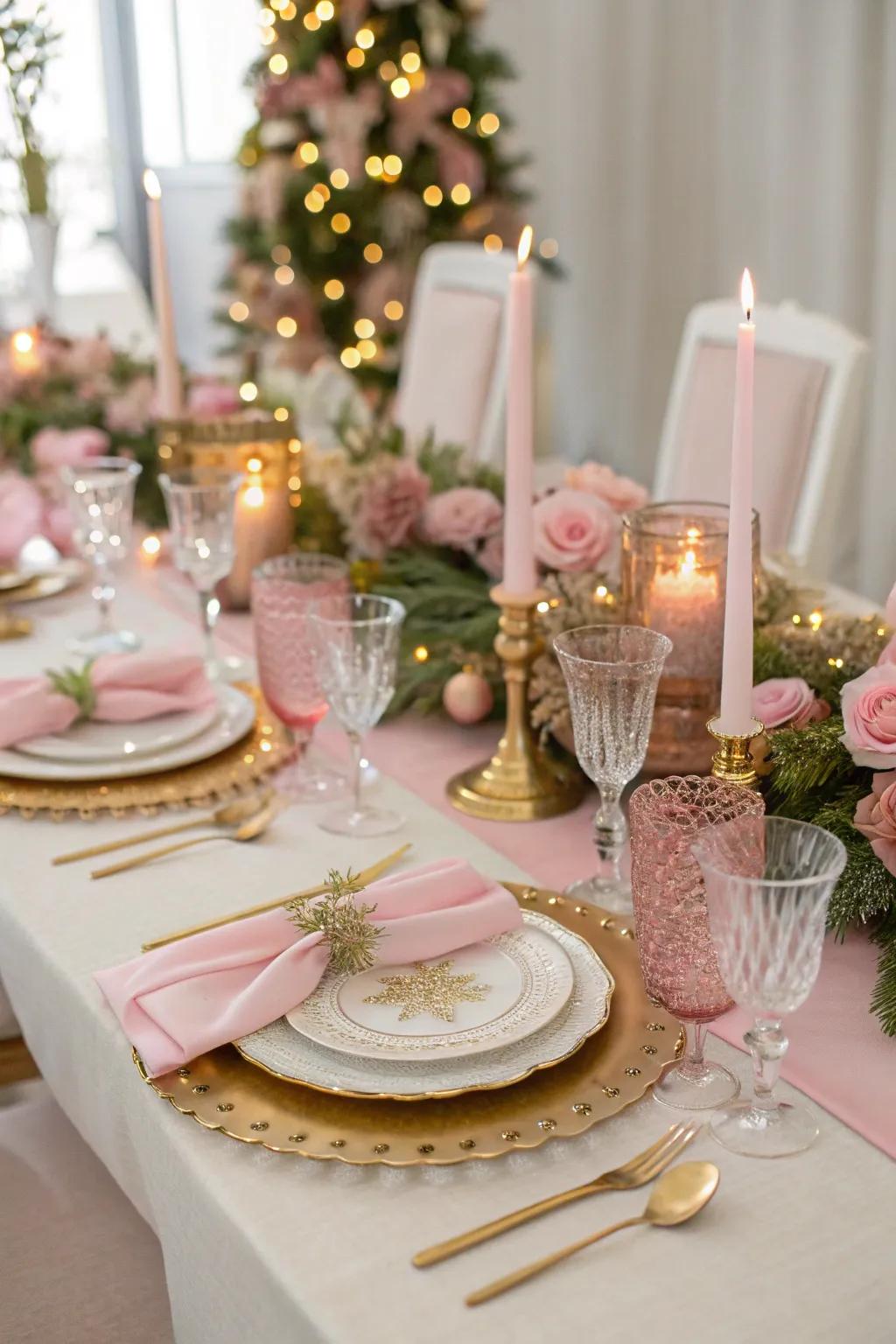 A pink and gold tablescape creates a stunning holiday dining experience.