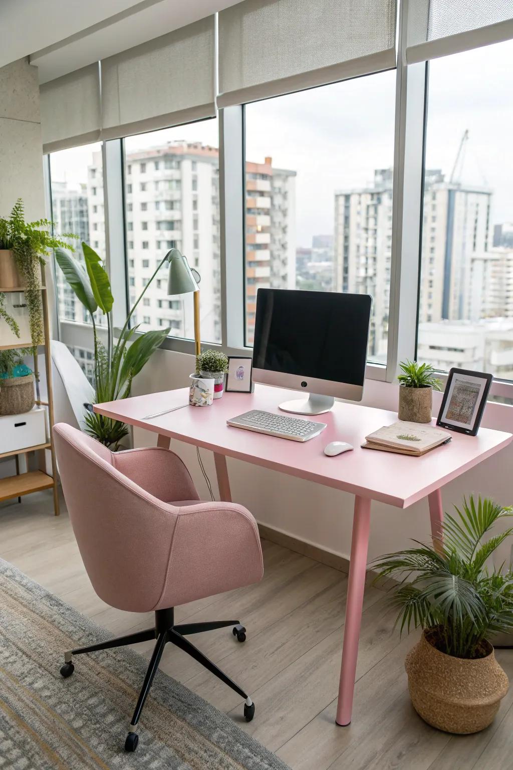 A pink desk serves as a bold and stylish centerpiece.