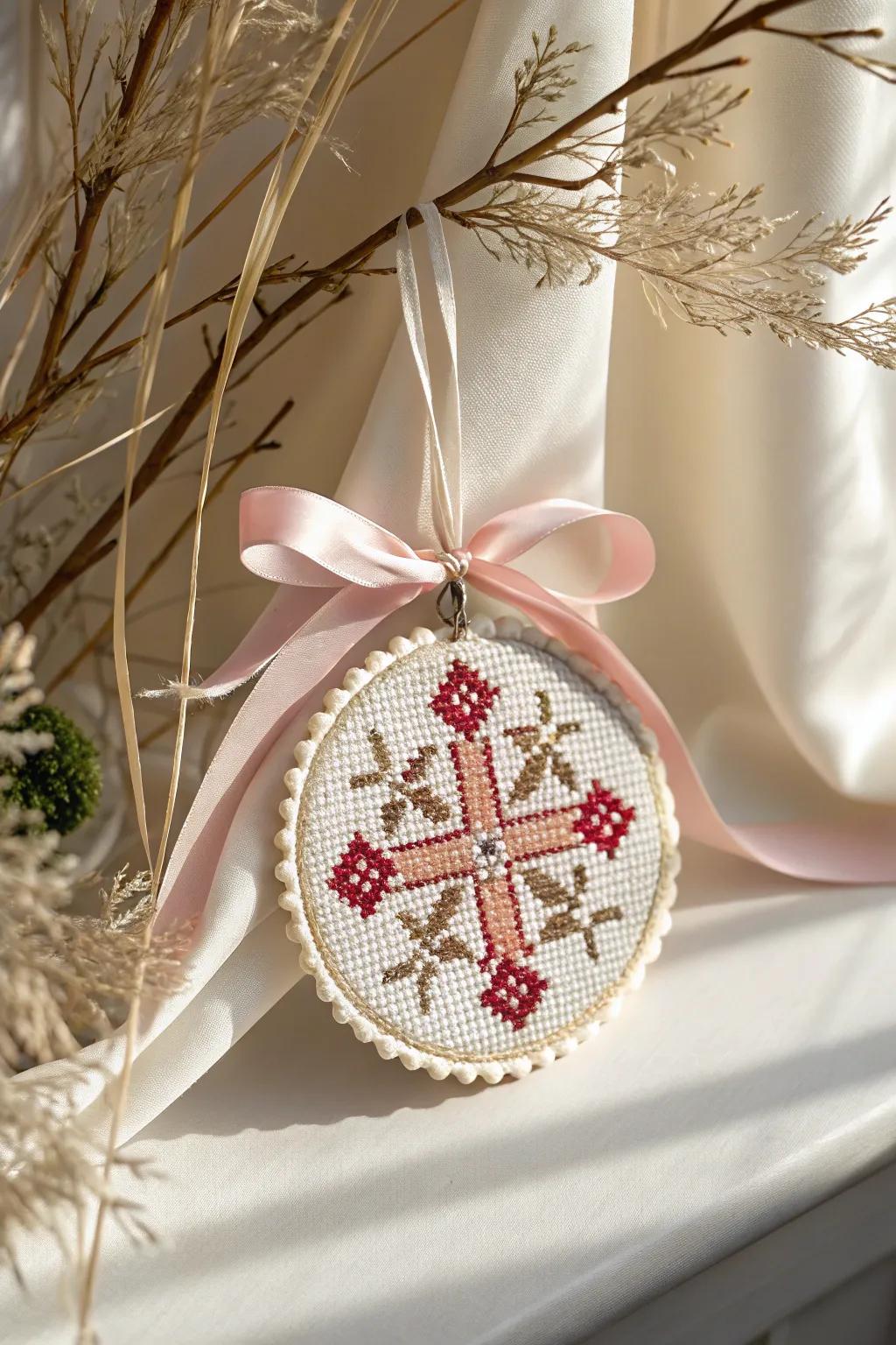 Elevate your holiday decor with retro-inspired cross stitch ornaments, blending minimalist elegance with a touch of Boho flair.