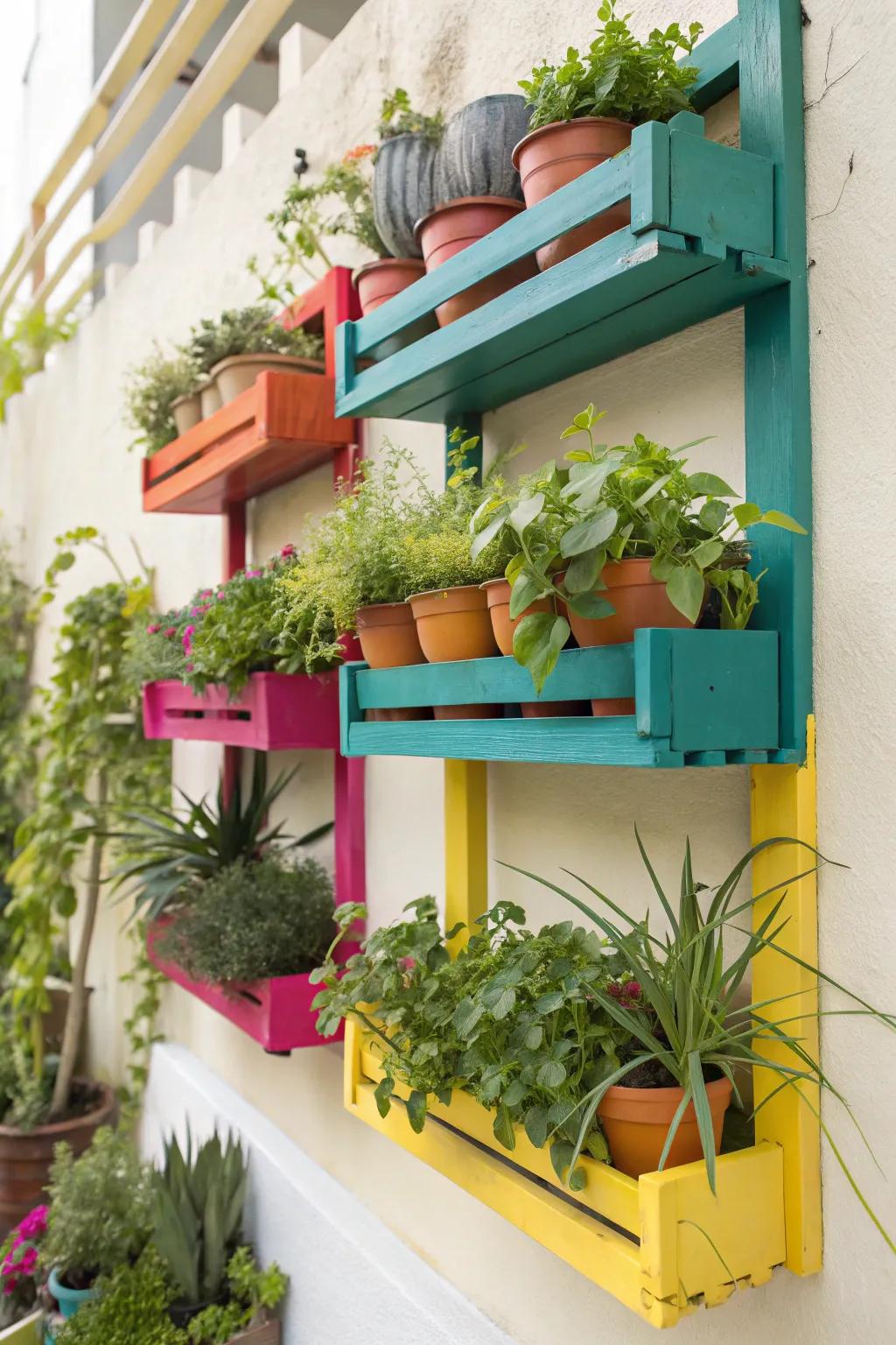 Colorful wall-mounted shelves add vertical interest and style.