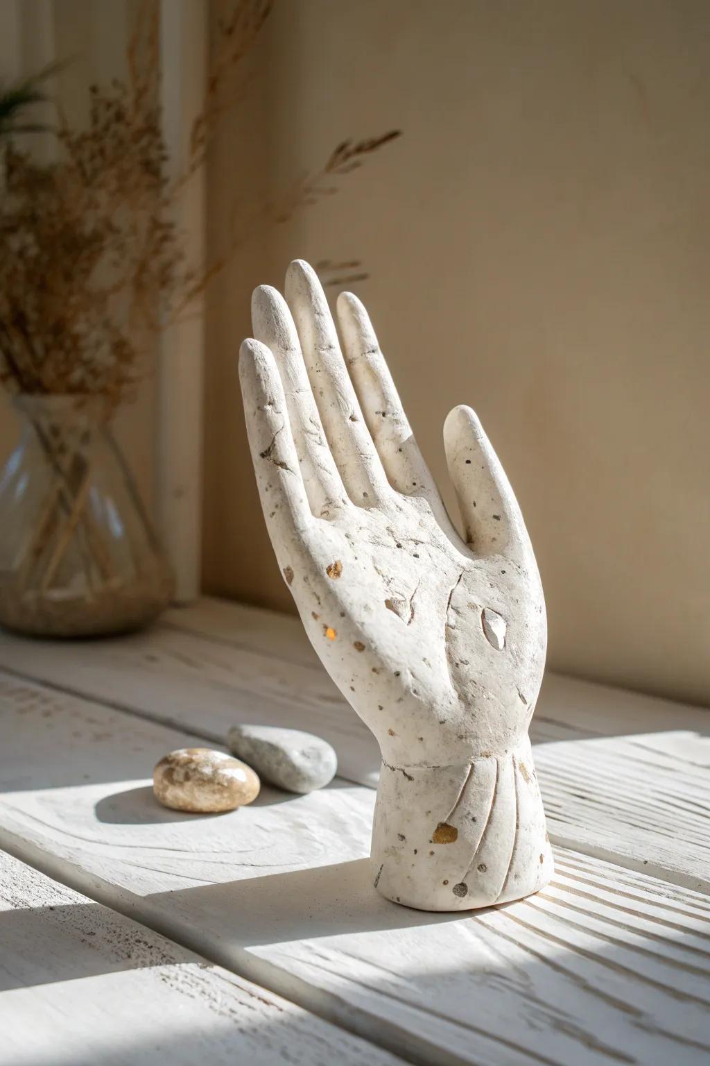 Embrace sustainability with this stunning plaster hand sculpture, where recycled beauty meets minimalist design.