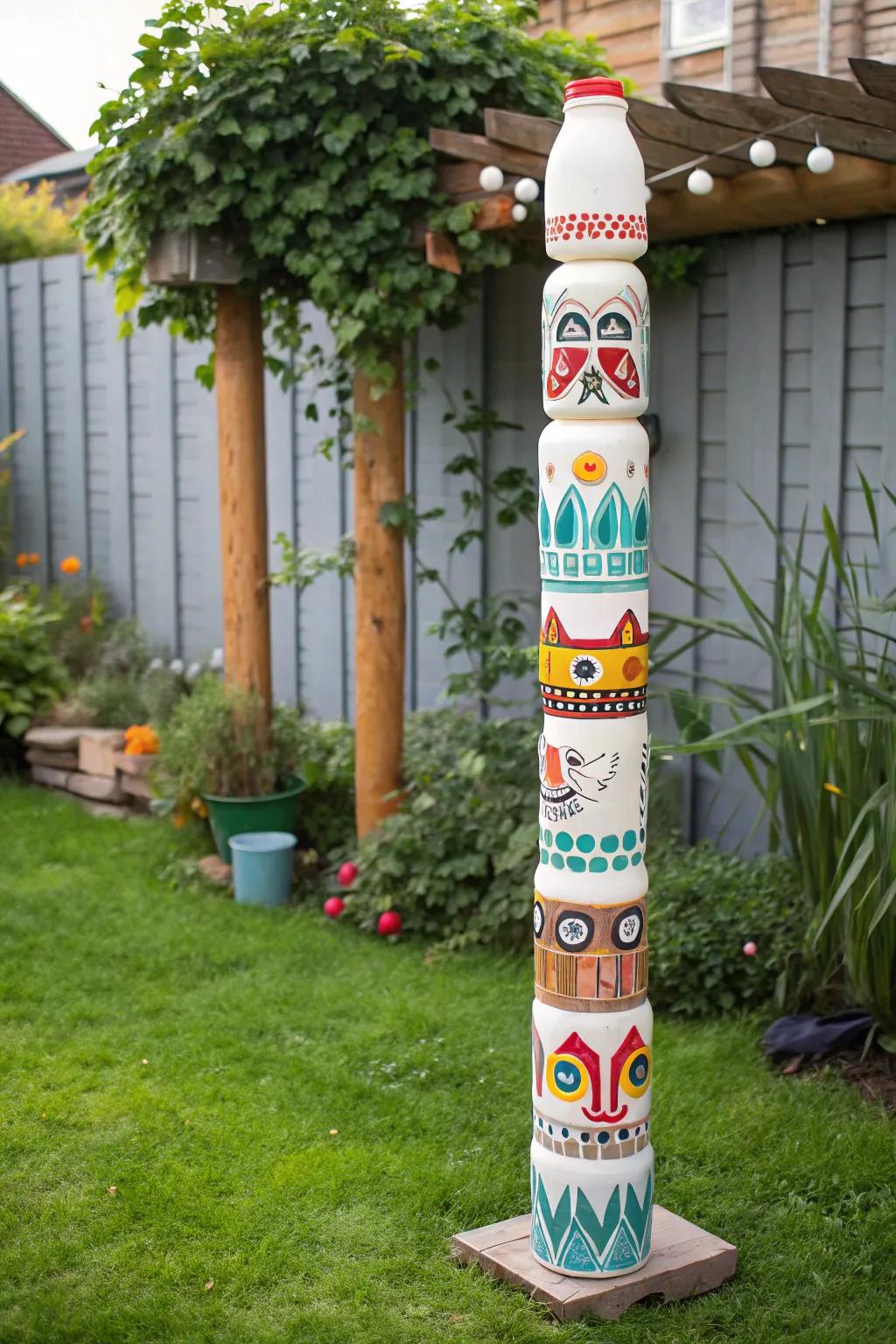 Add character to your garden with a colorful totem pole crafted from milk bottles.