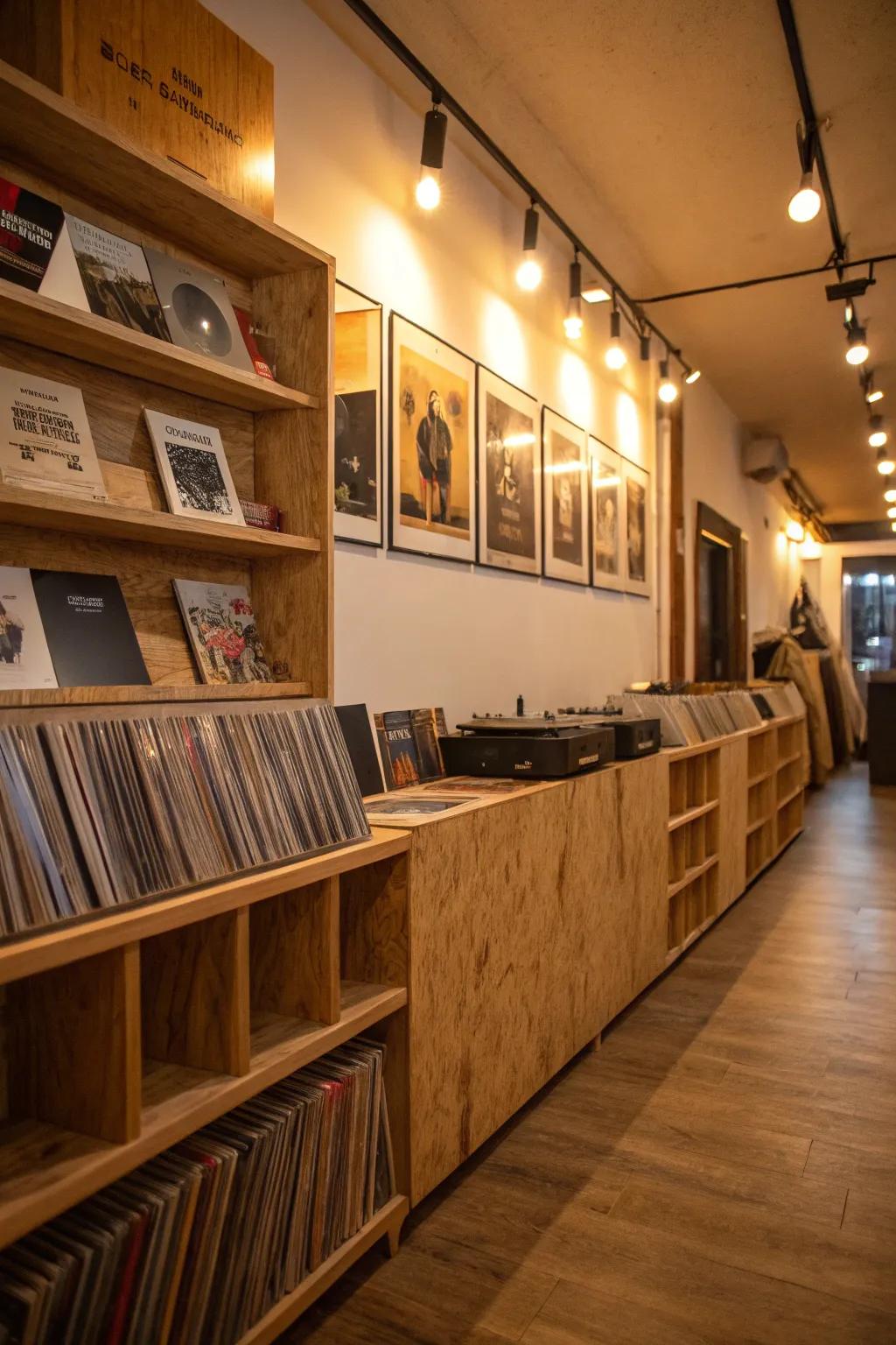 Vinyl shelves blend functionality with style.