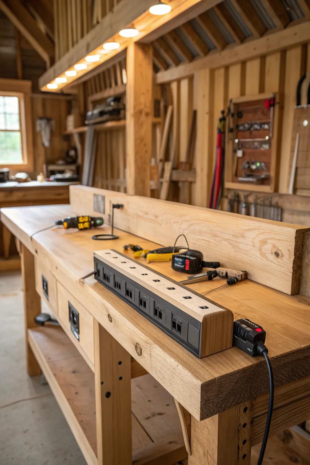 Stay powered and productive: Discover the perfect blend of craftsmanship and modern convenience with this built-in power strip workbench.