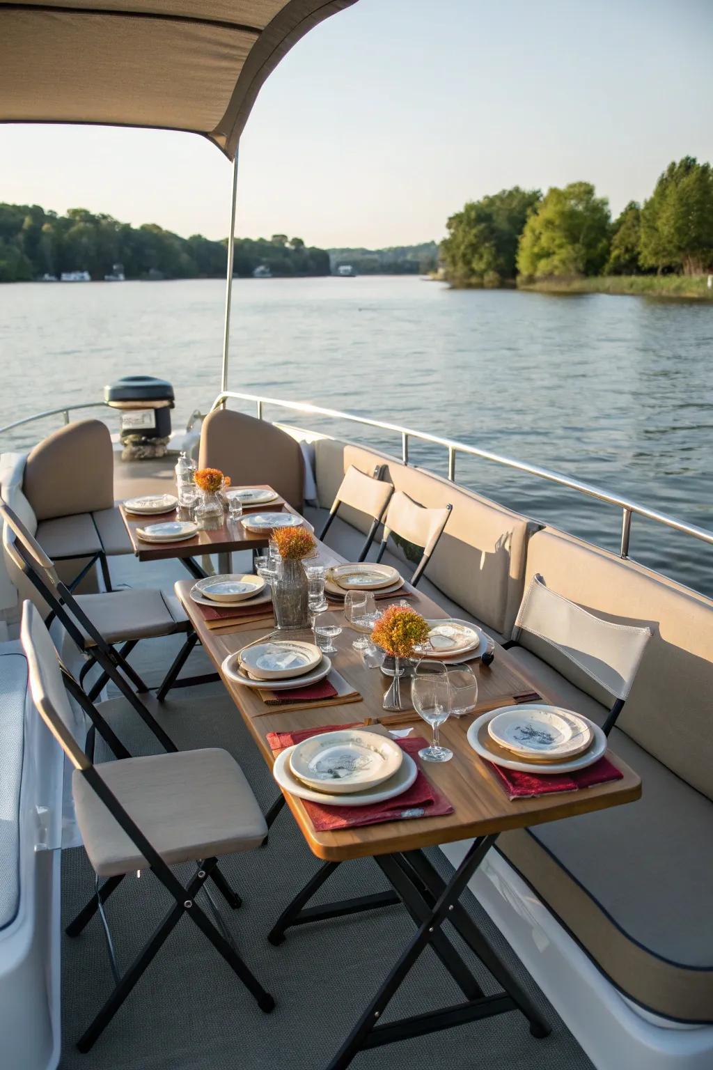 Folding tables provide a convenient surface for dining and activities on the pontoon.