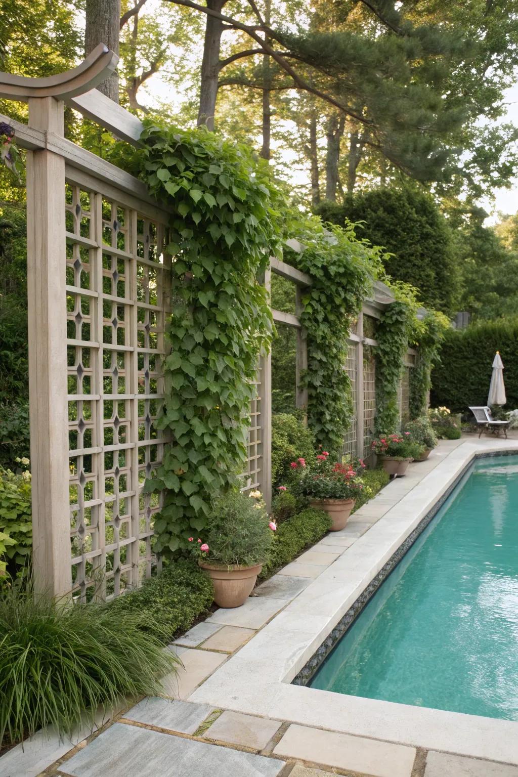 Combine privacy and greenery with trellis panel fencing.