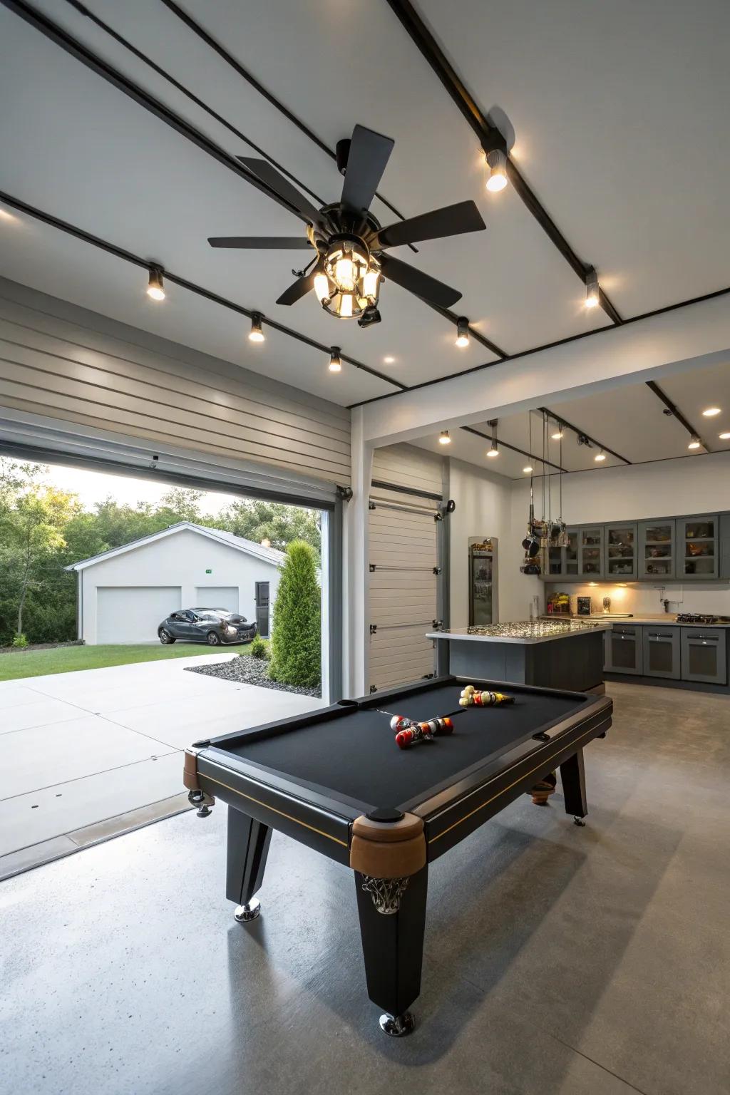 A ceiling fan adds comfort and complements your garage decor.