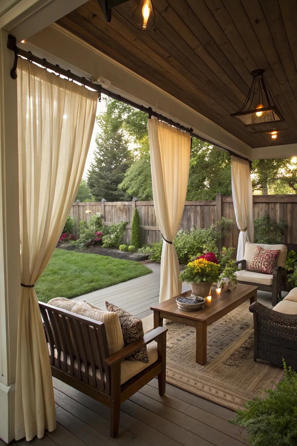 Outdoor curtains add privacy and elegance.