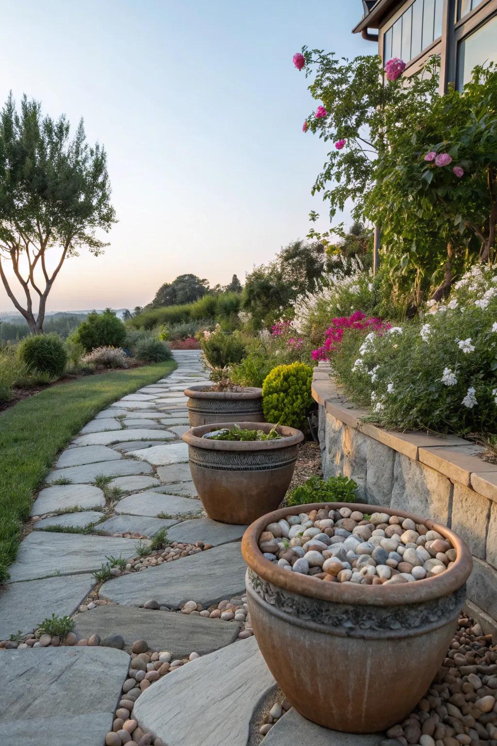 Pebbles add an earthy, natural element to plant pots.