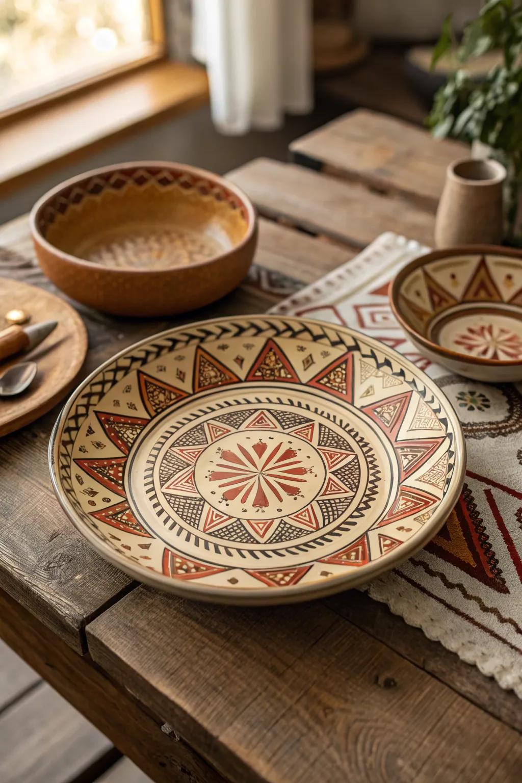 Tribal patterns create a bold and cultural aesthetic.