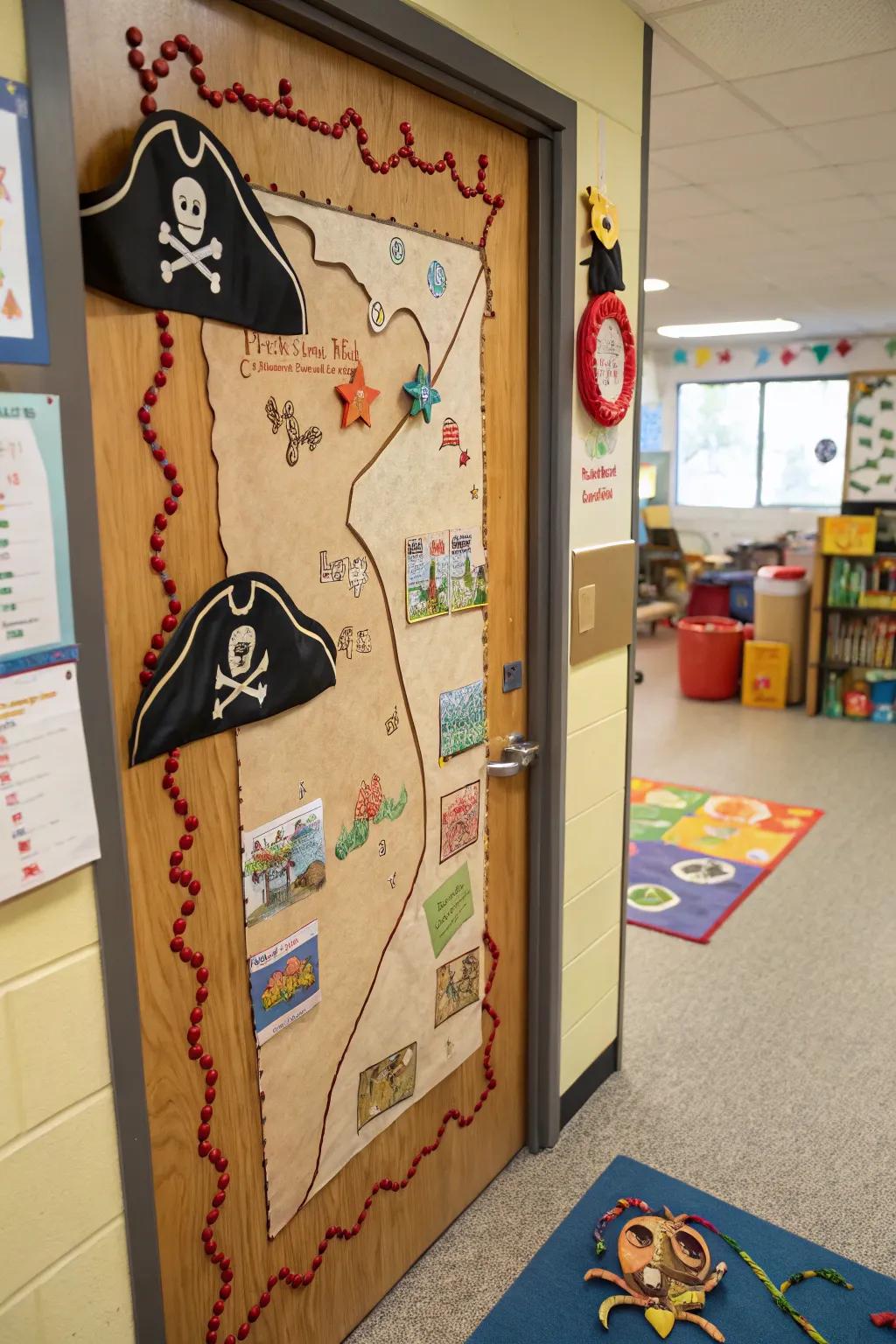 A pirate-themed door invites kids on a swashbuckling adventure.