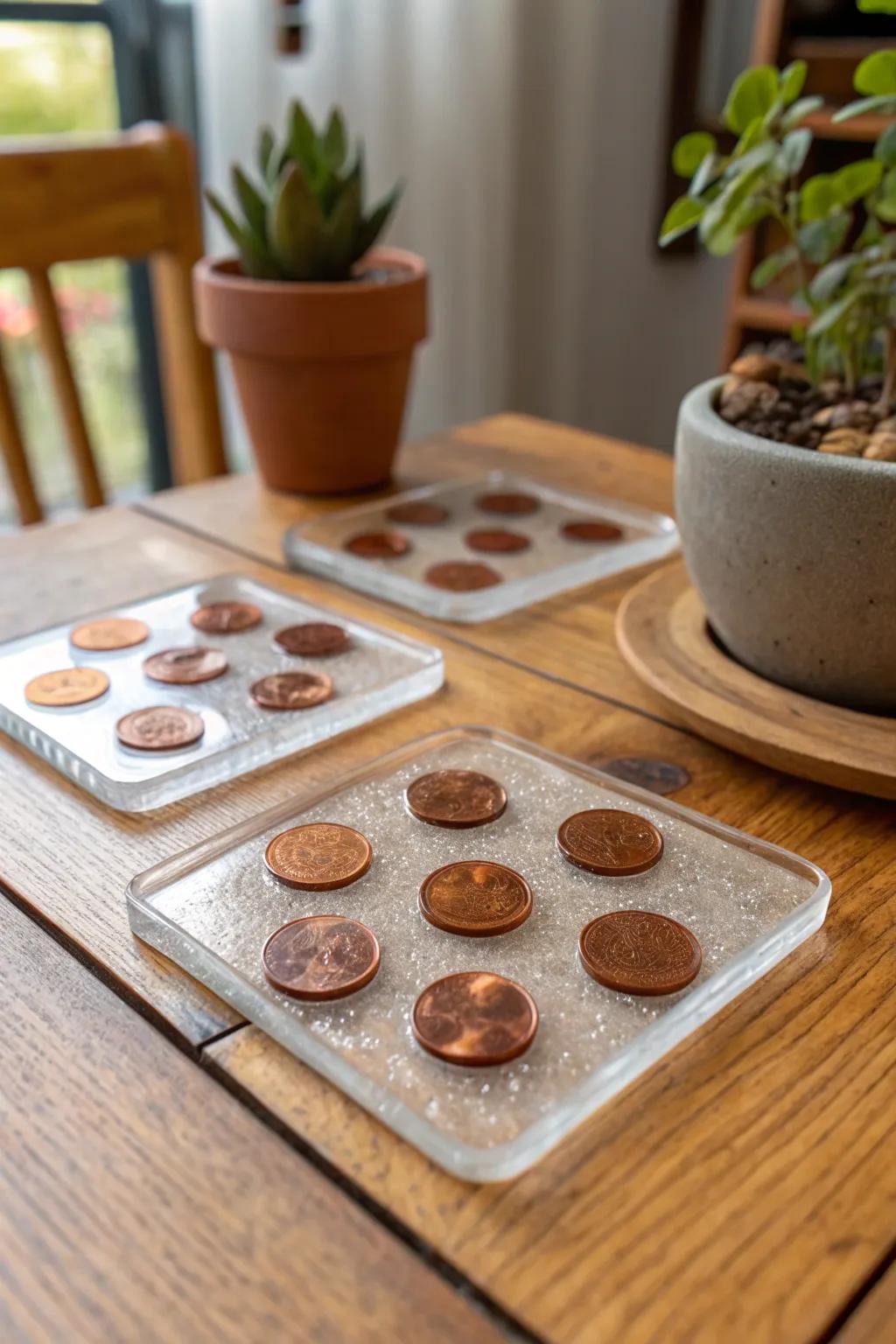 Penny coasters add a personal and functional touch to any table.