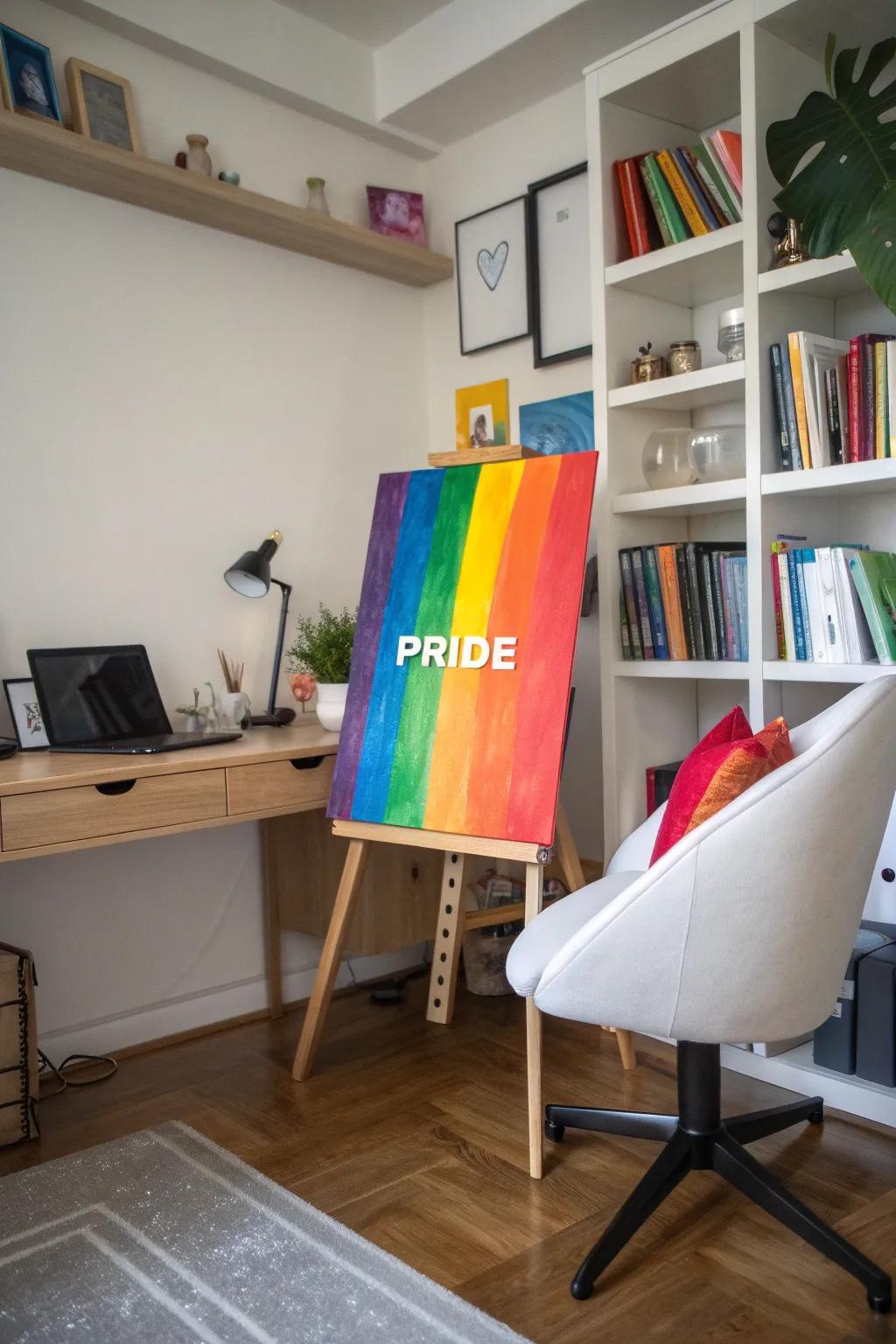 A pride quote painting providing daily inspiration in a home office.