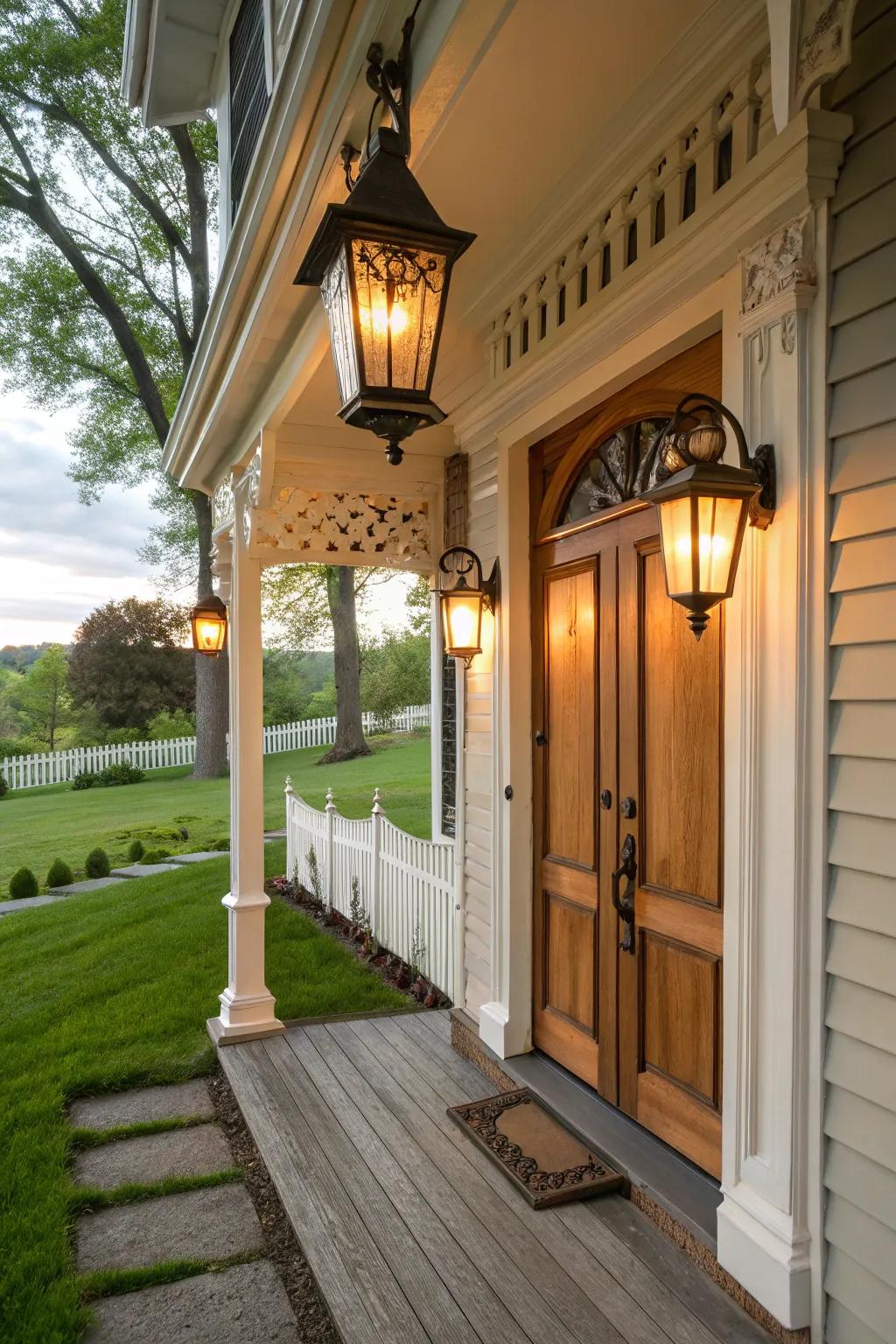 Colonial wall lanterns providing a warm welcome at the front porch.