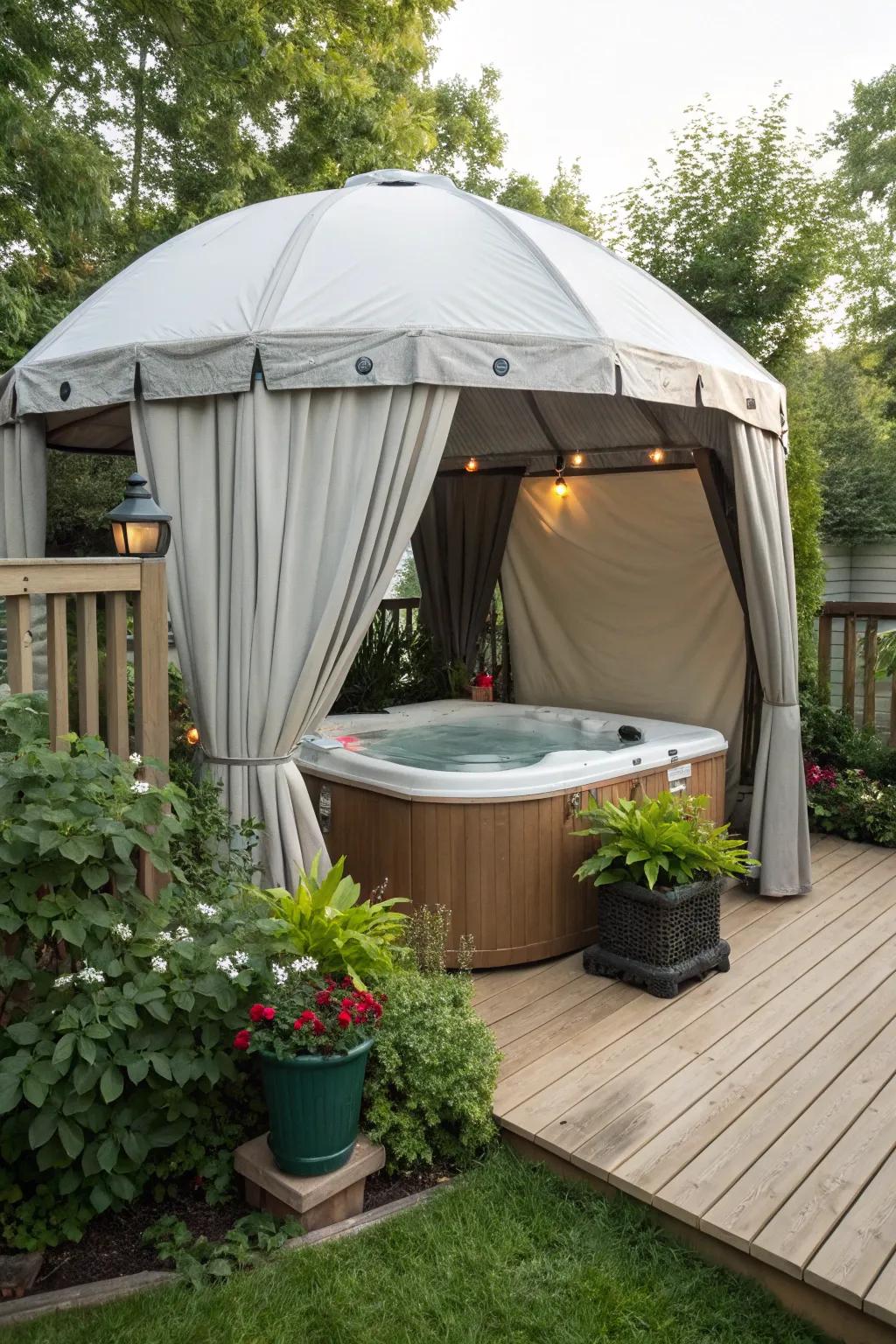 Tented domes add a unique touch of privacy and protection to your hot tub area.