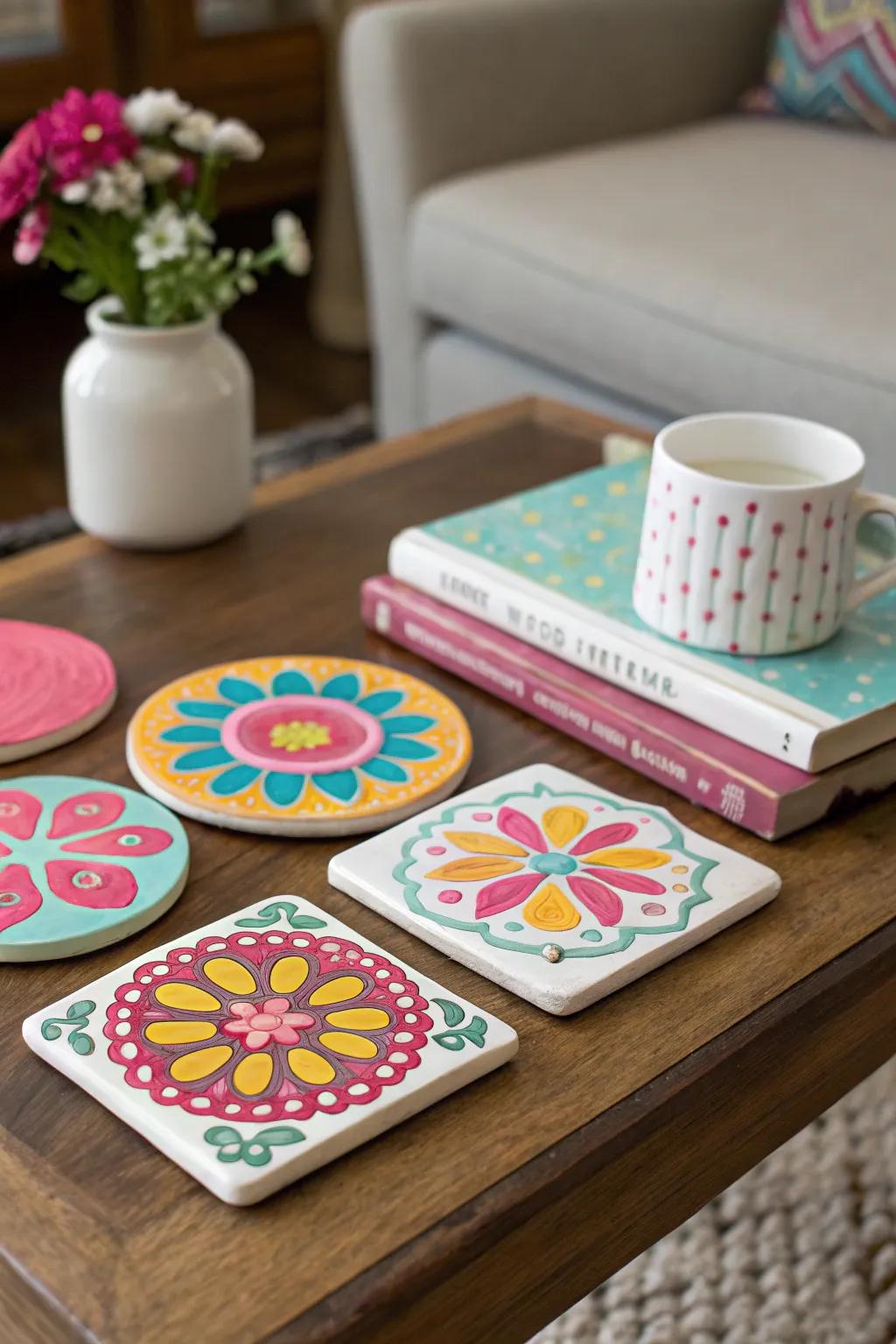 Combine function and flair with handmade puffy paint coasters.