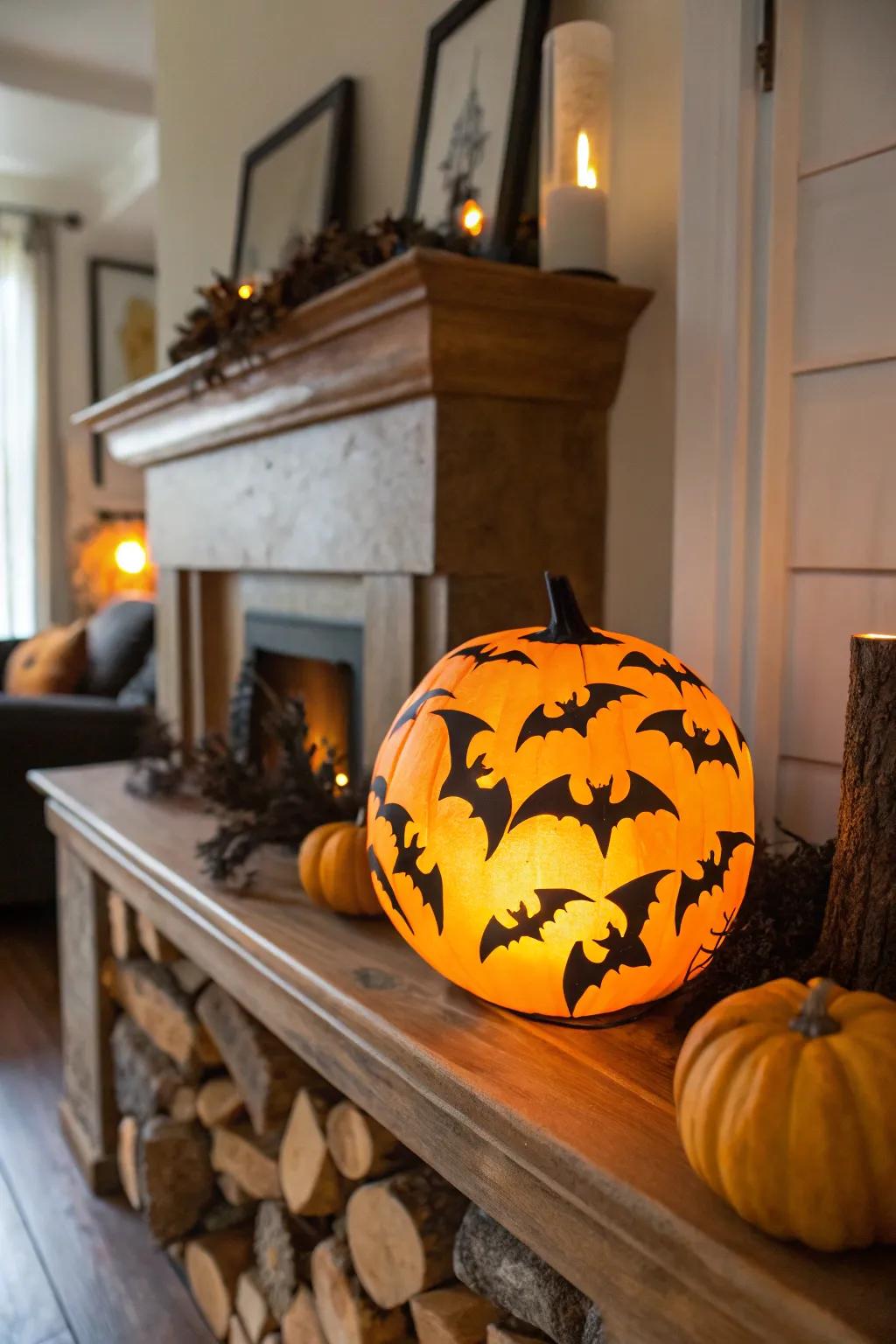 Black bat decorations create a striking contrast on colorful pumpkins.