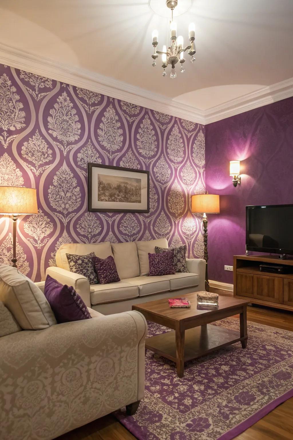 Purple wallpaper transforms the room's style.