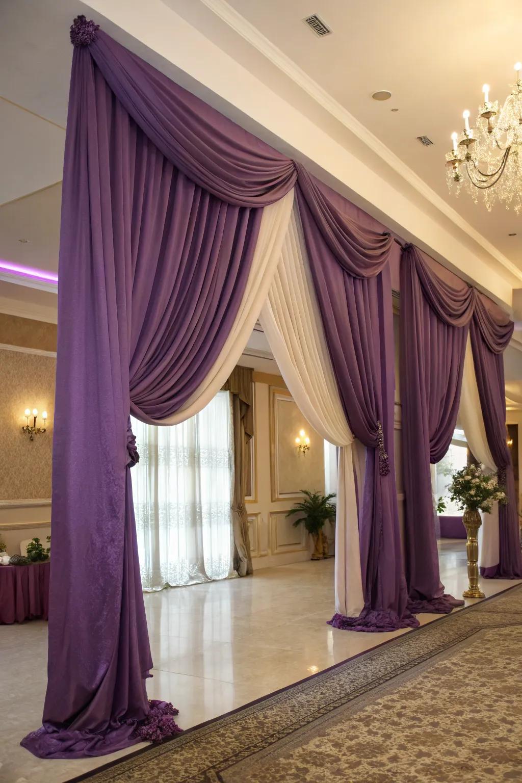 Sophisticated purple drapery that elevates the event's decor.