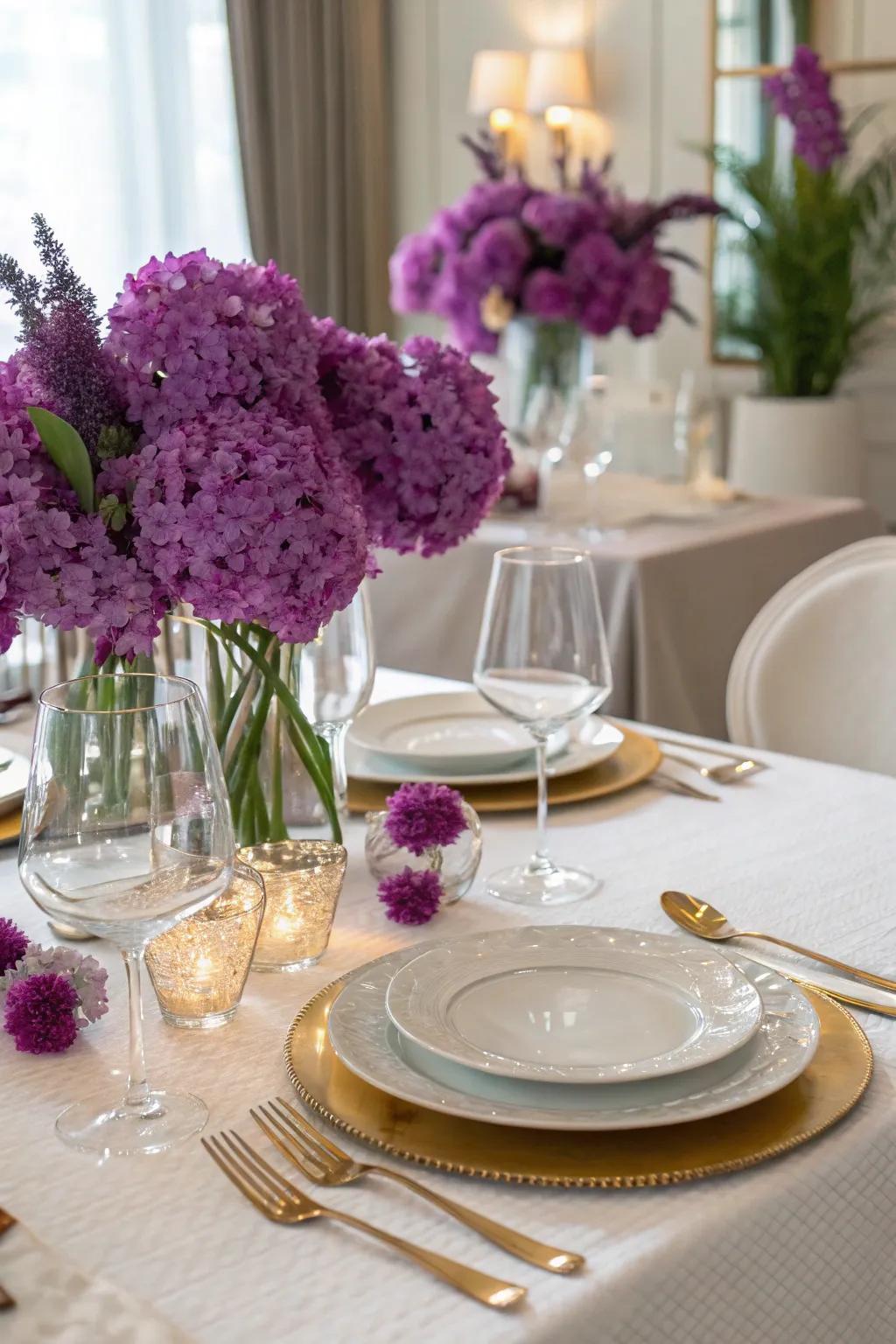 Purple flowers bring natural beauty and color to the dining room.