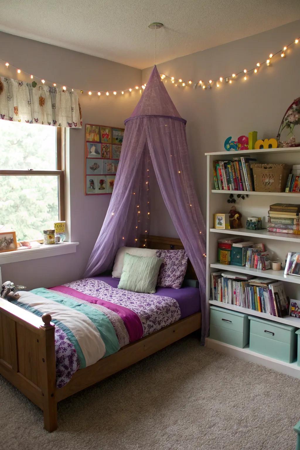 A purple bed canopy creates a magical space.