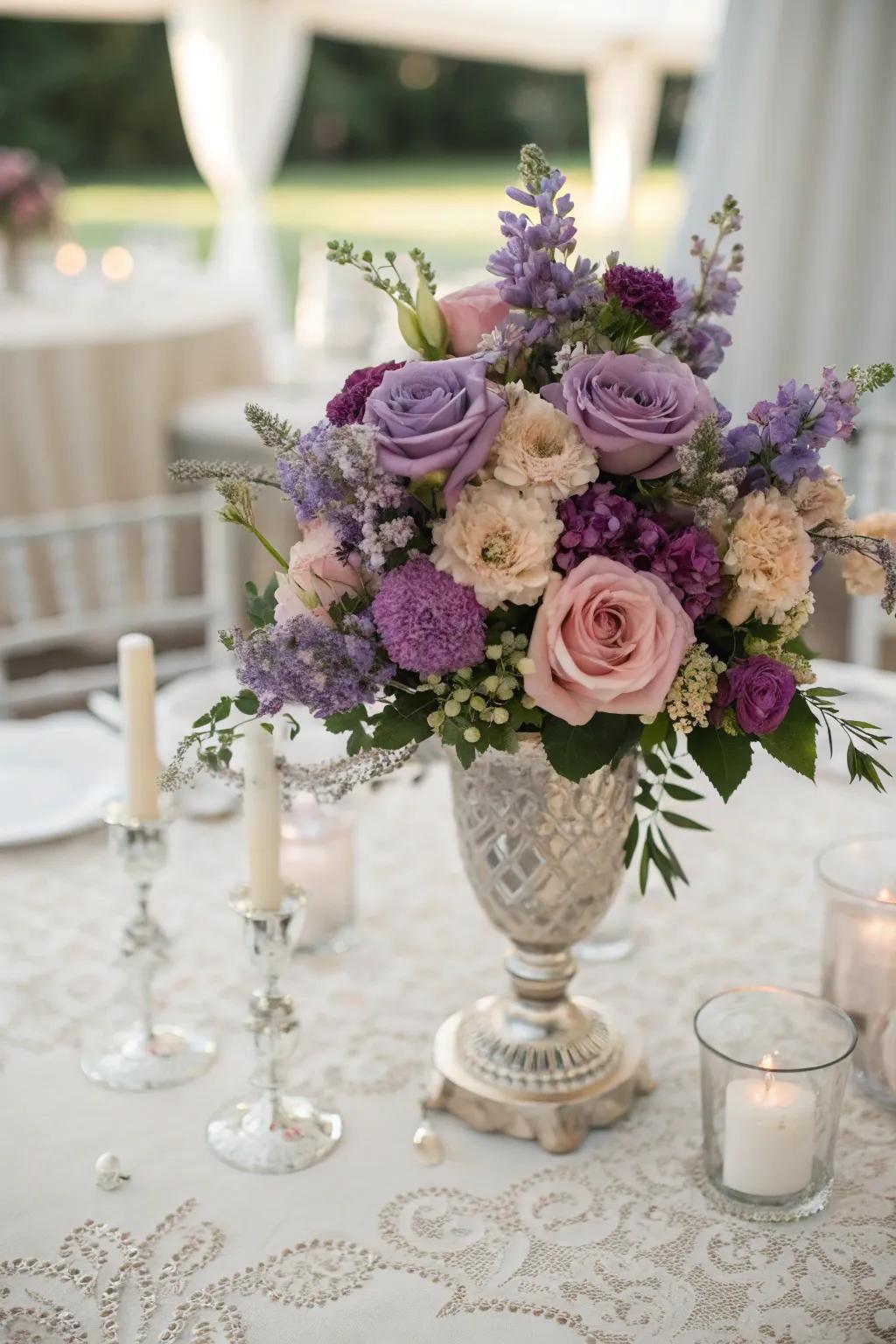 A chic centerpiece featuring purple and blush blooms.