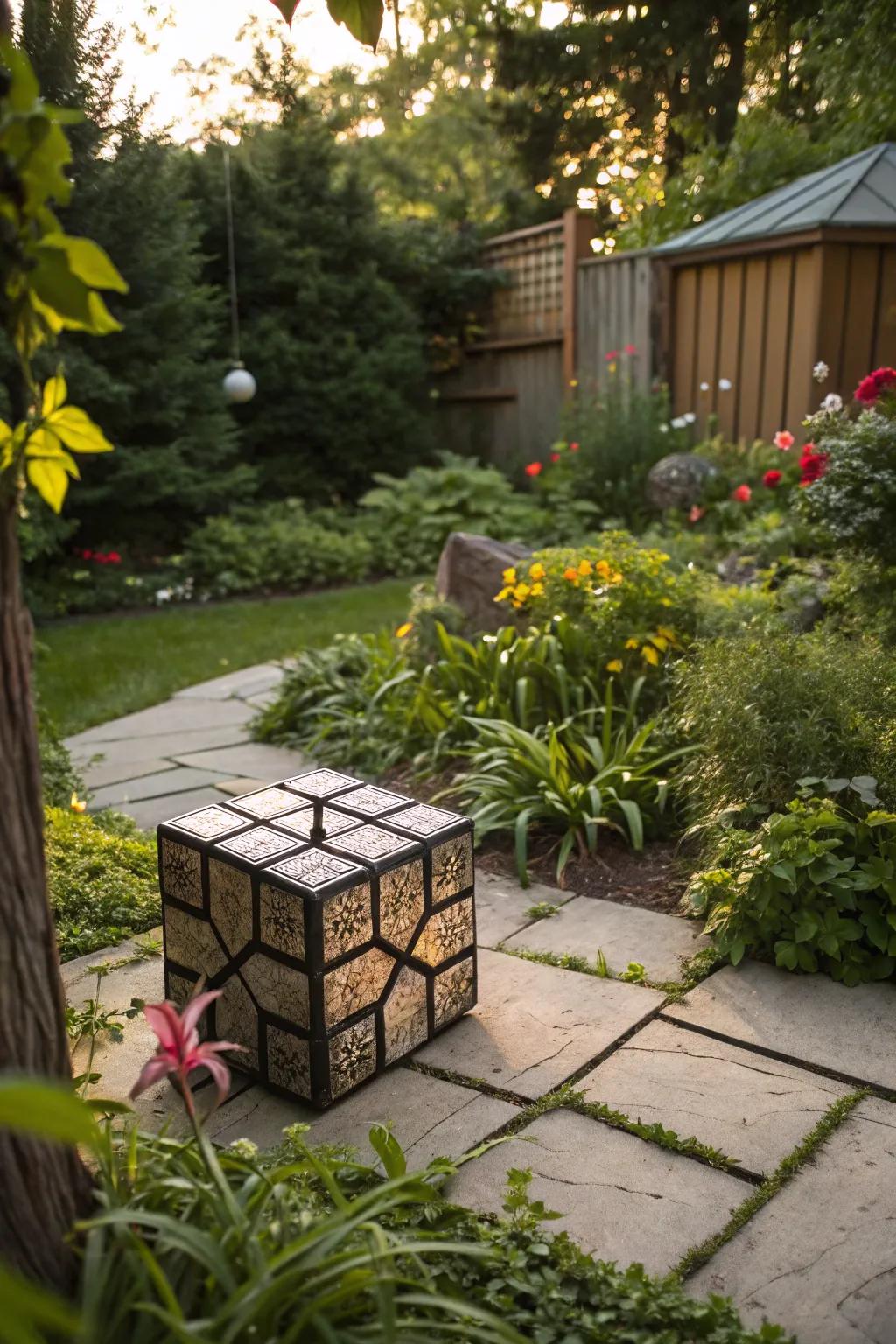 A puzzle cube sculpture adds modern flair to this garden.