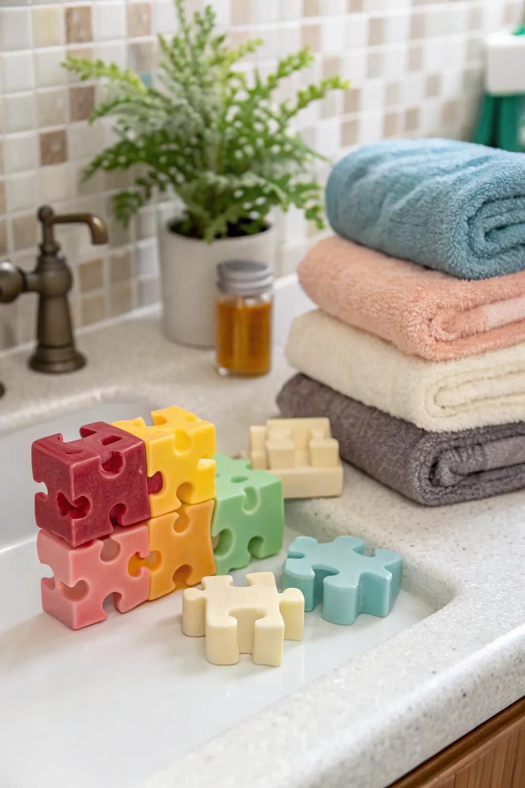 Puzzle piece soap adds a playful twist to bathroom essentials.