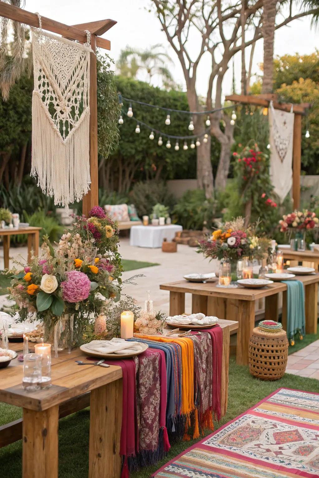 An artistic bohemian chic-themed quinceanera with eclectic decor.