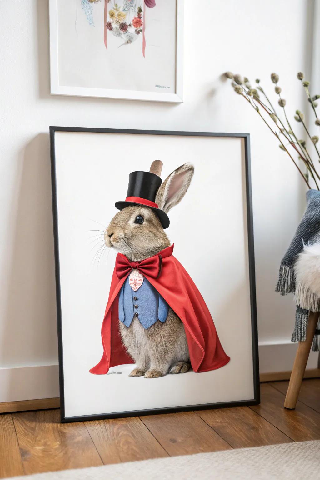 Whimsy meets elegance: a rabbit dressed to impress in a top hat and superhero cape.