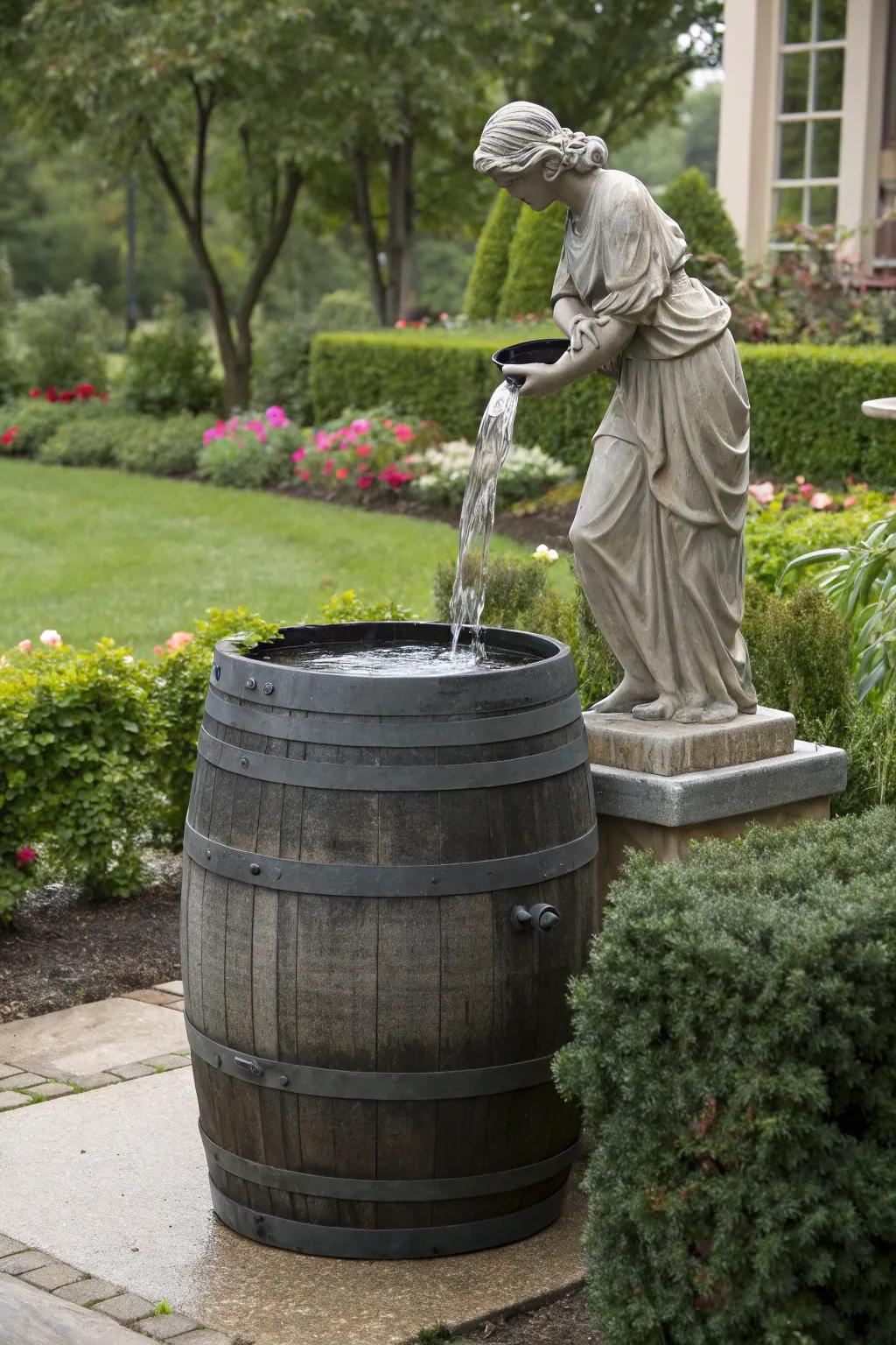 Garden statues can creatively disguise your rain barrel as an art piece.