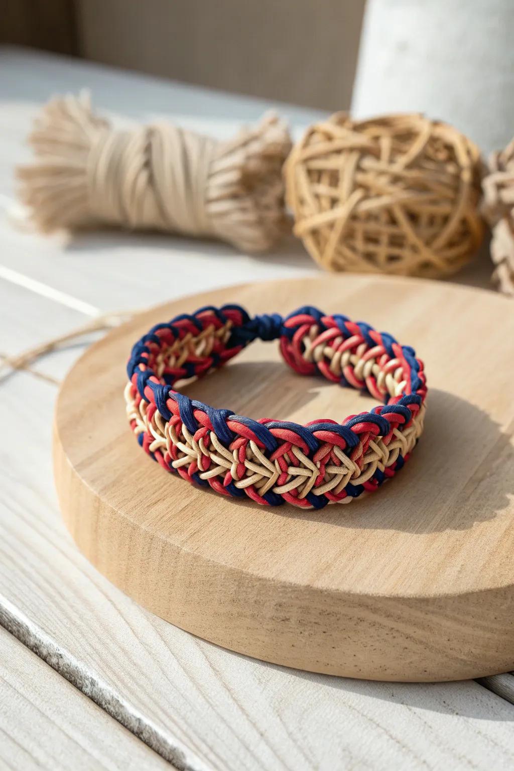 Elevate your style with a geometric delight: a rainbow loom bracelet that blends bold colors with minimalist elegance.