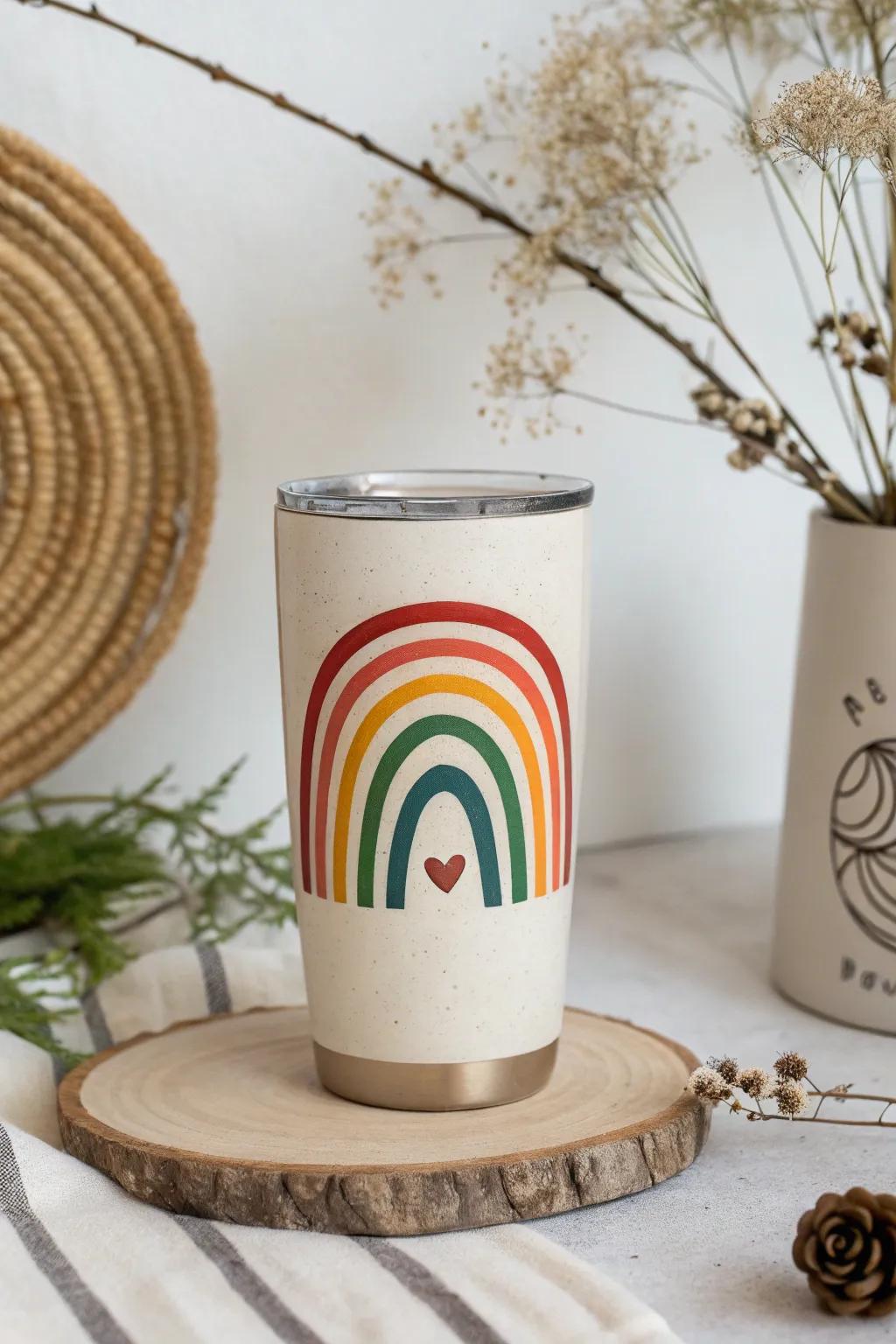 Add a dynamic twist to your drinkware with this stunning spiral rainbow tumbler.