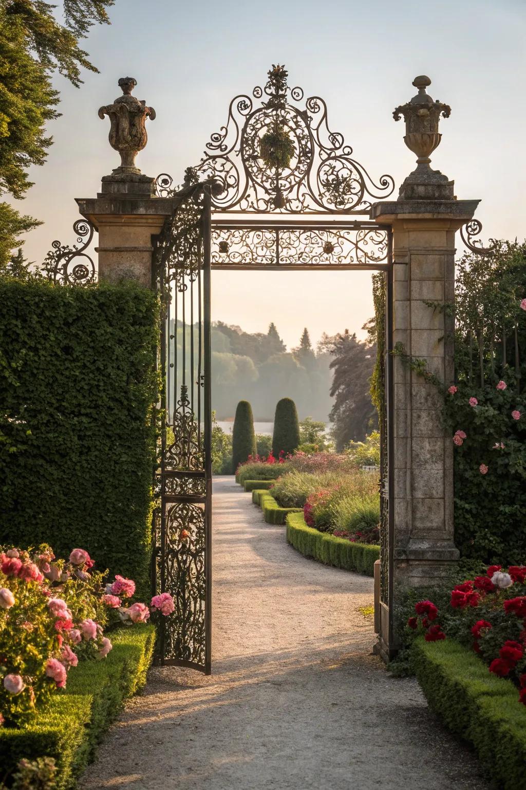 Ornamental gates add artistic detail to this ranch entrance.