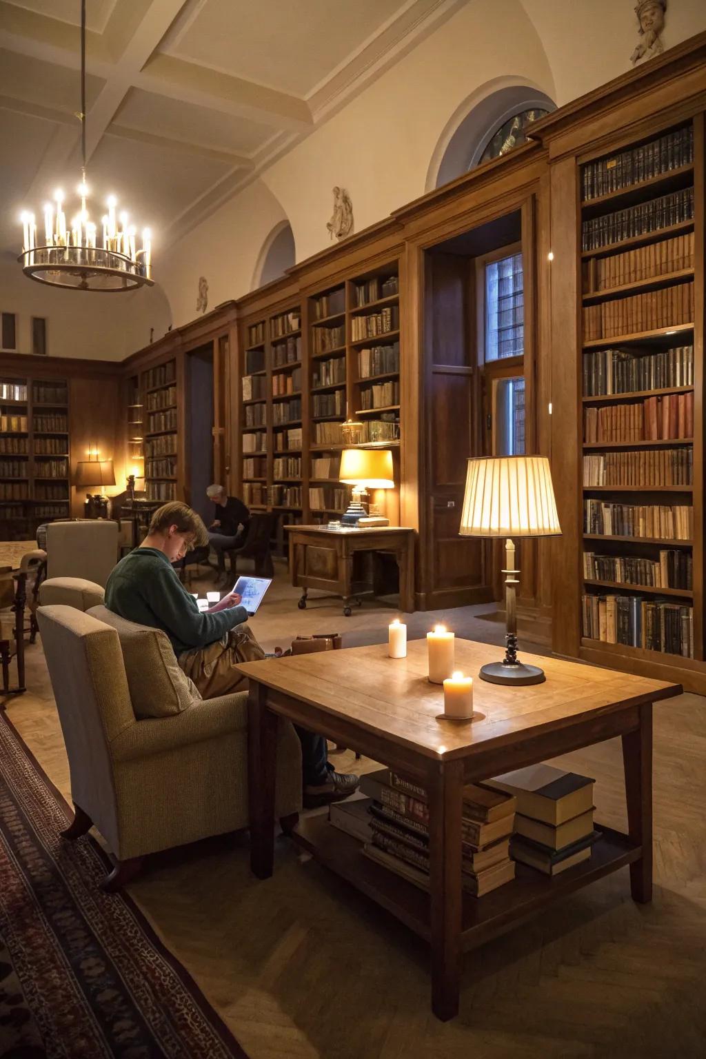 Mood lighting creates a warm atmosphere for reading.