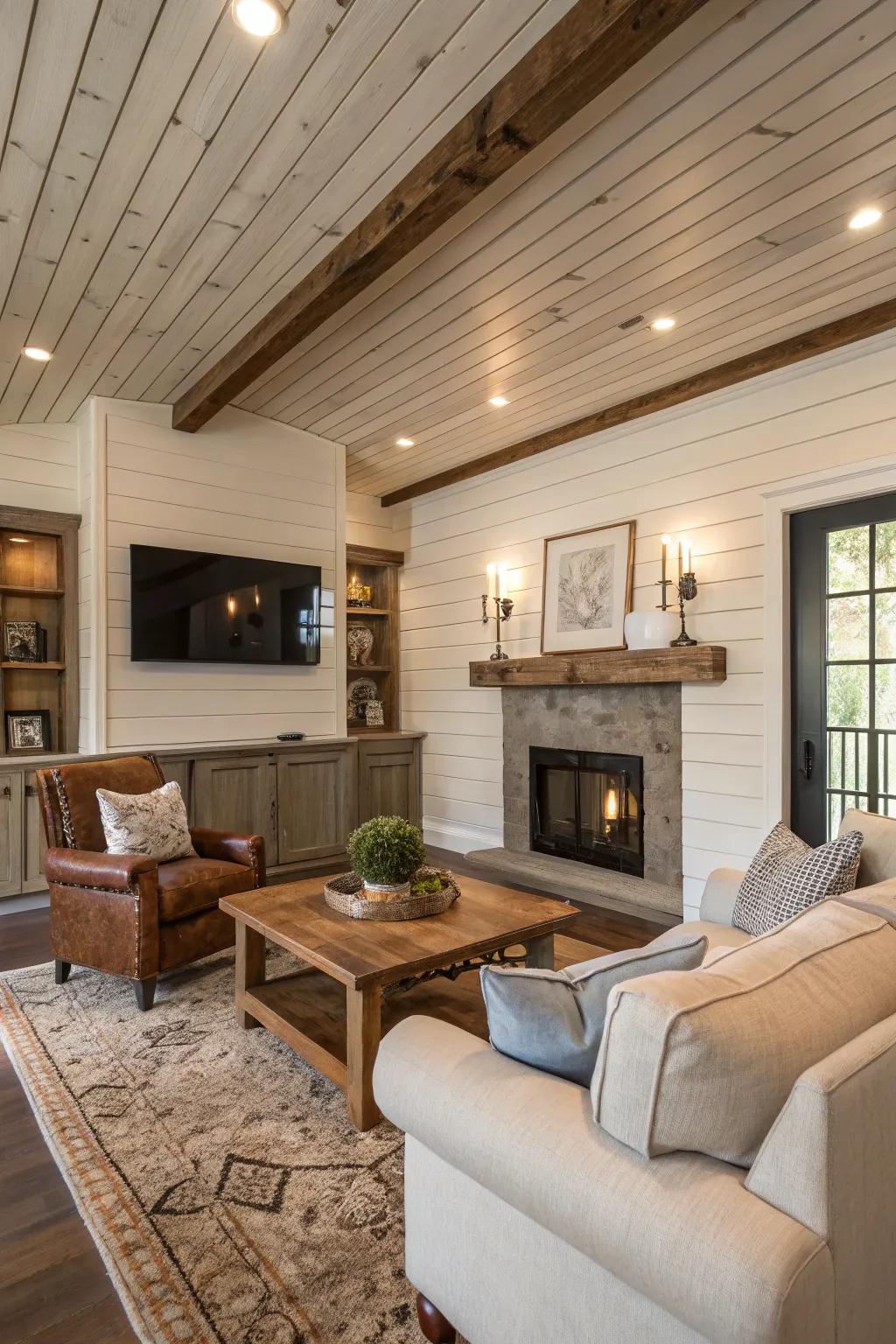 A farmhouse-style living room with a shiplap recessed ceiling.