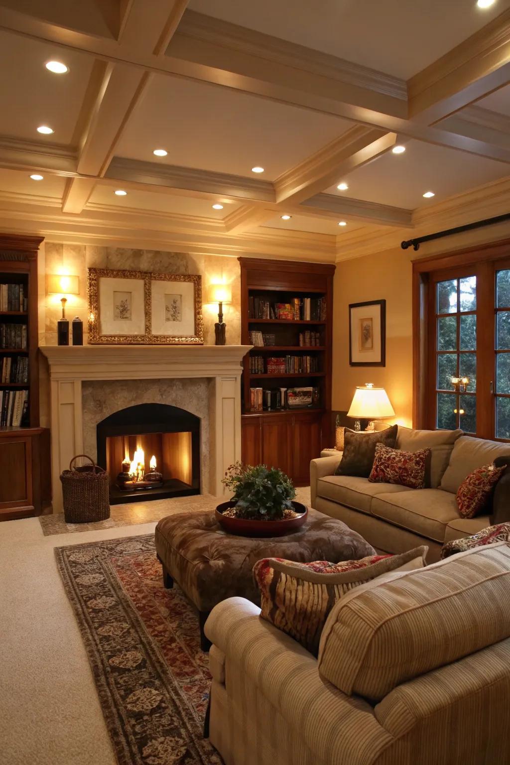 Highlight your fireplace with well-placed recessed lighting.